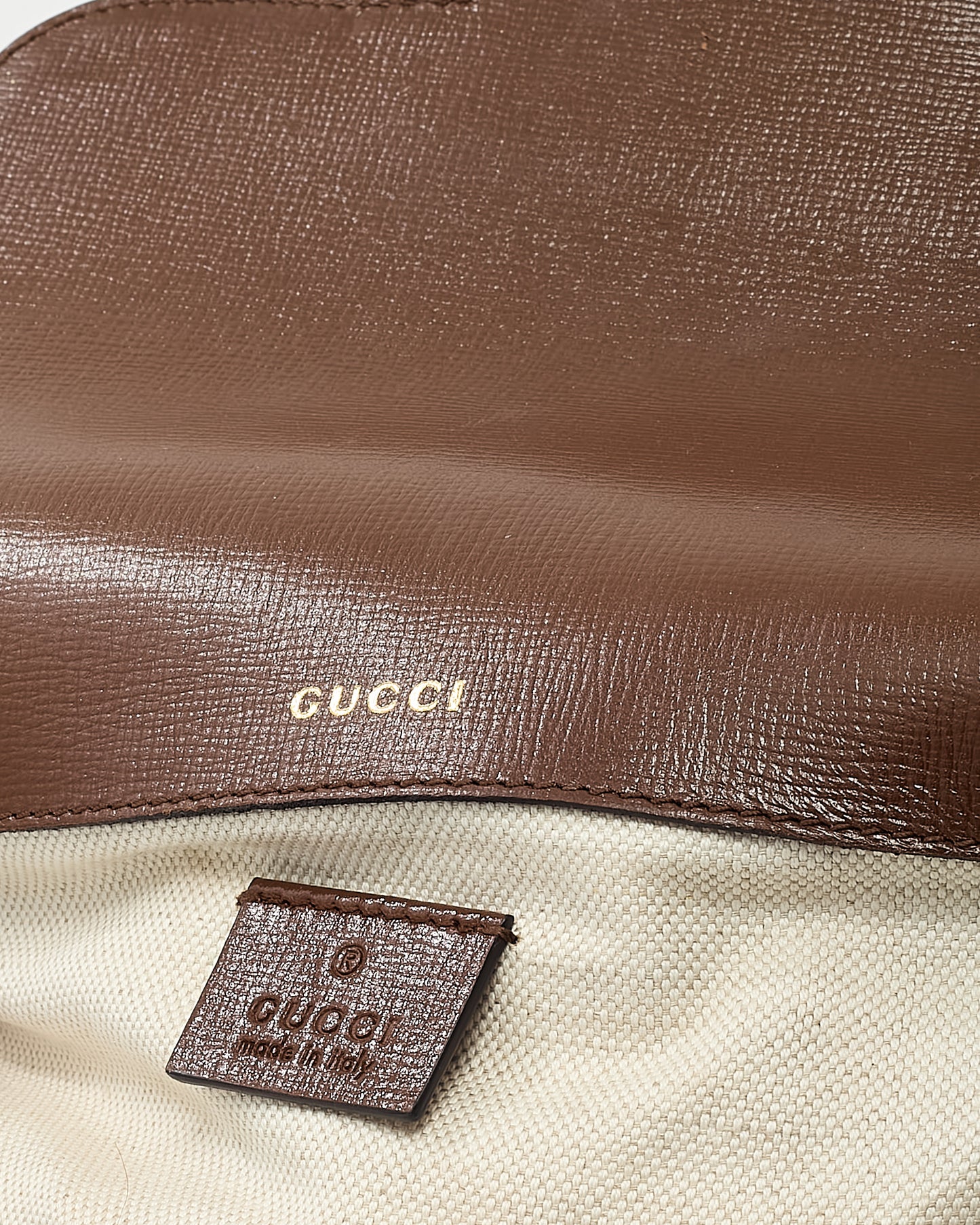 Gucci Brown Leather and Beige GG Supreme Coated Canvas Horsebit 1955 Small Shoulder Bag