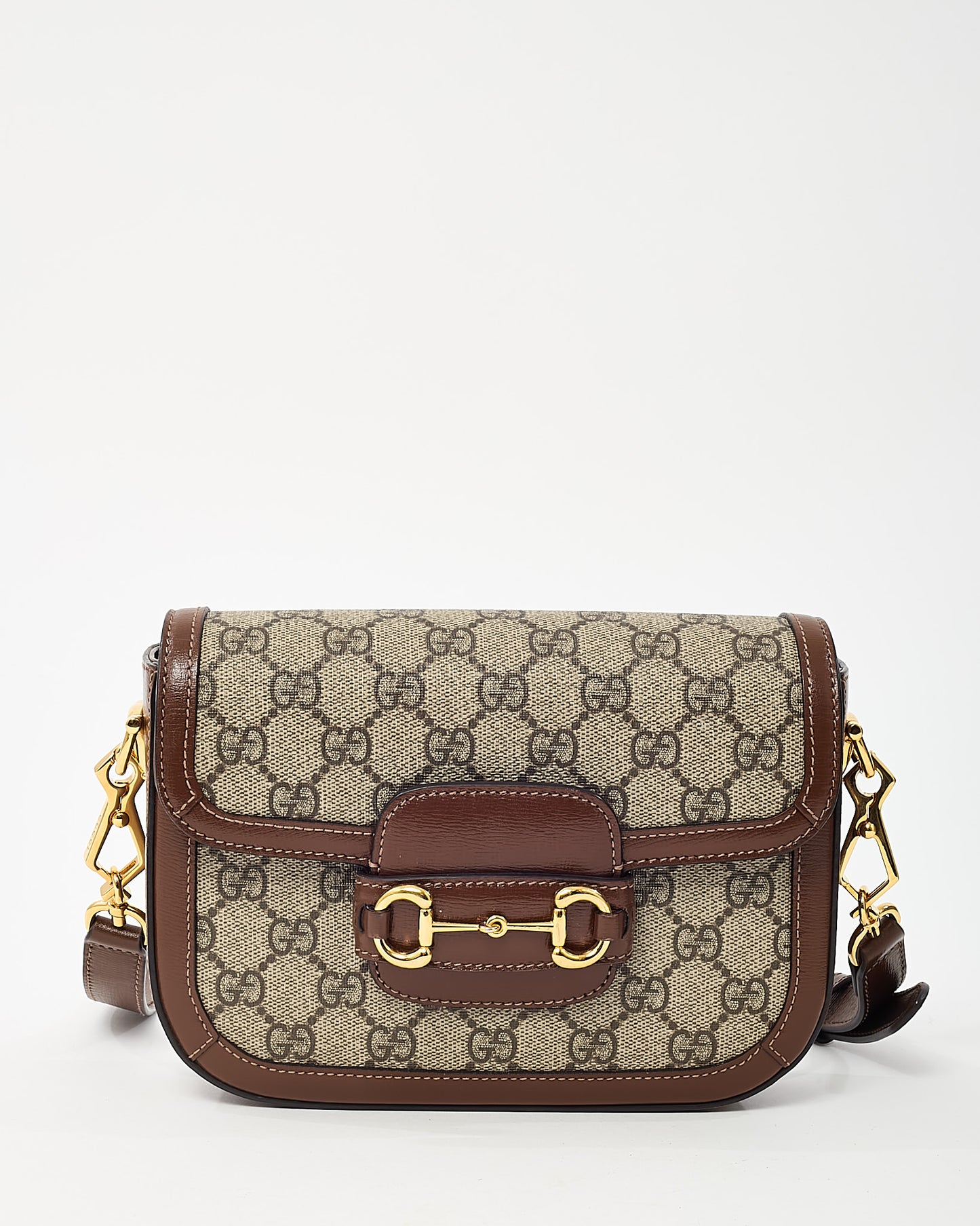 Gucci Brown Leather and Beige GG Supreme Coated Canvas Horsebit 1955 Small Shoulder Bag