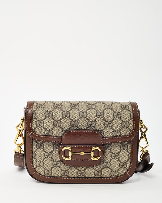 Gucci Brown Leather and Beige GG Supreme Coated Canvas Horsebit 1955 Small Shoulder Bag