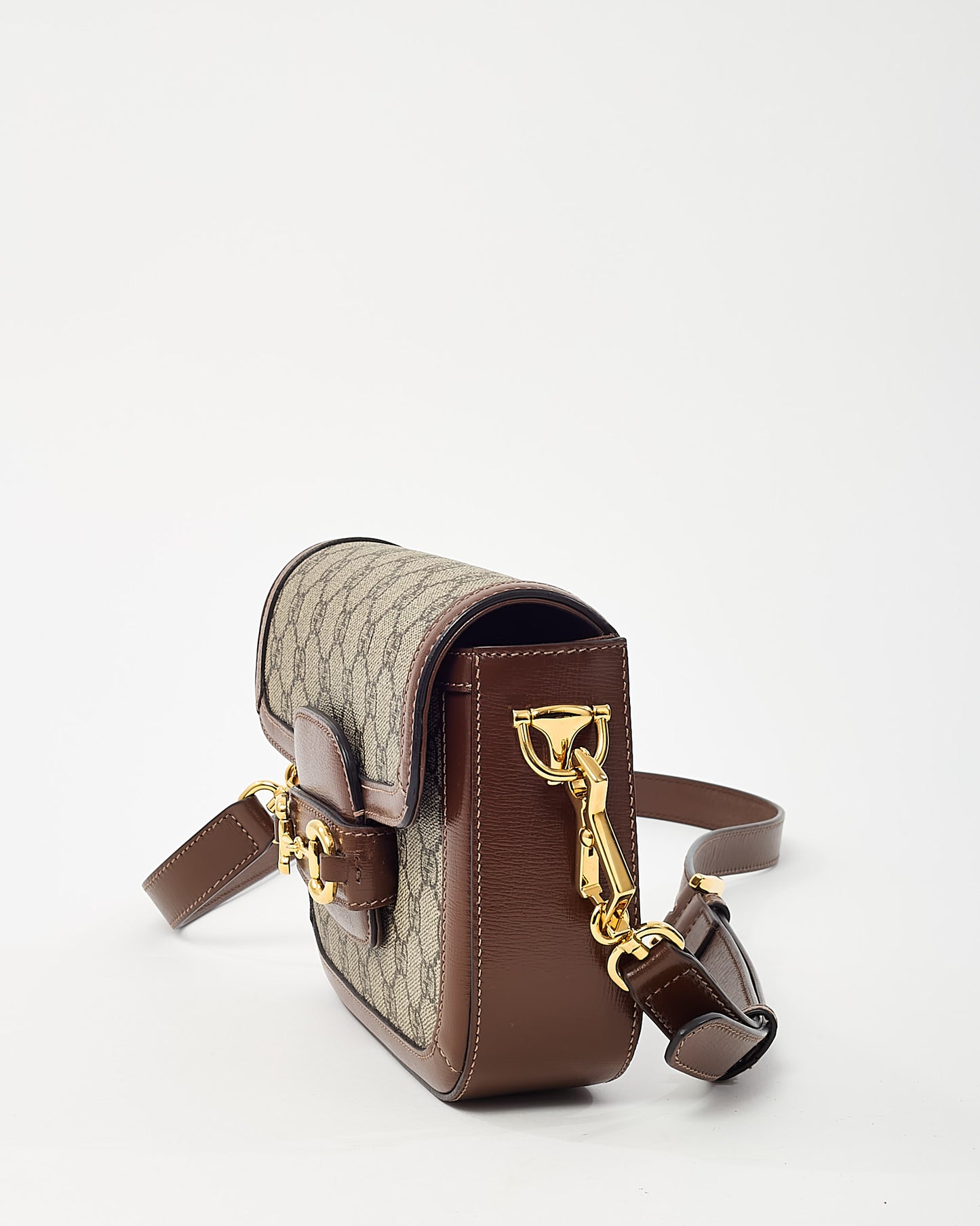 Gucci Brown Leather and Beige GG Supreme Coated Canvas Horsebit 1955 Small Shoulder Bag