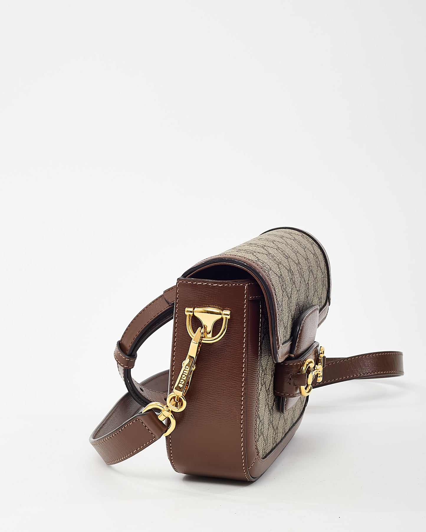 Gucci Brown Leather and Beige GG Supreme Coated Canvas Horsebit 1955 Small Shoulder Bag