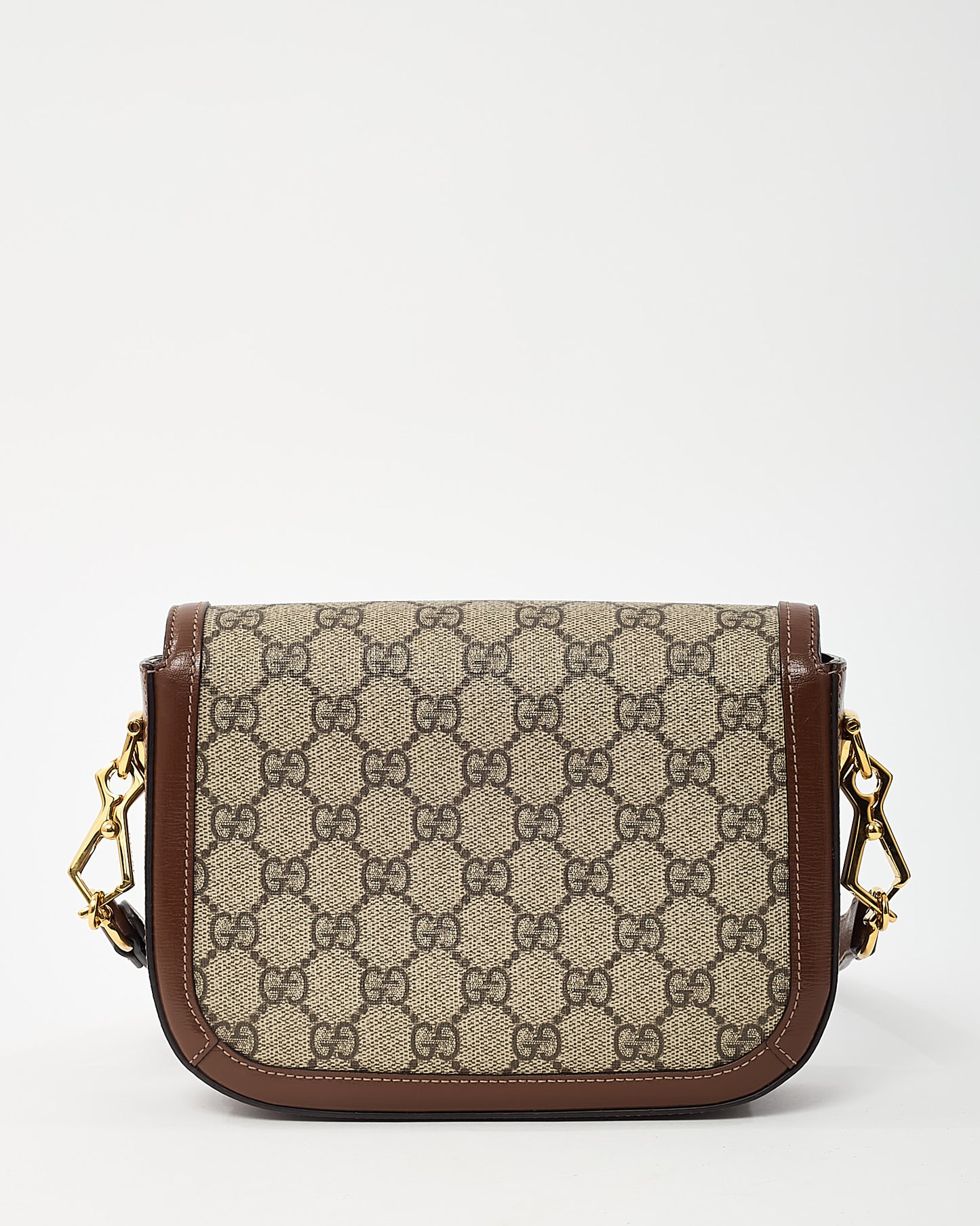 Gucci Brown Leather and Beige GG Supreme Coated Canvas Horsebit 1955 Small Shoulder Bag