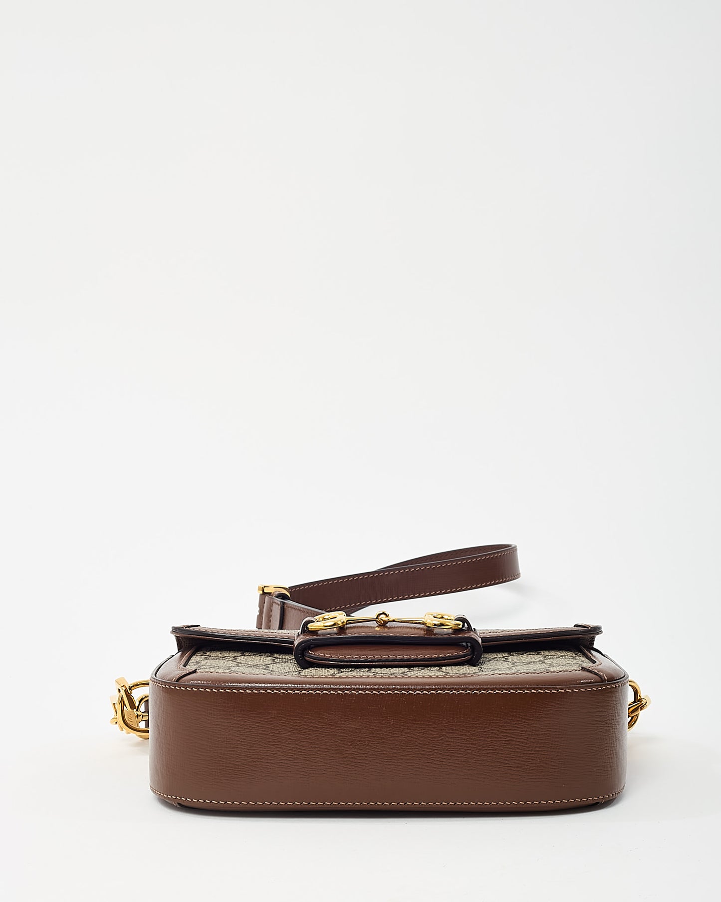 Gucci Brown Leather and Beige GG Supreme Coated Canvas Horsebit 1955 Small Shoulder Bag