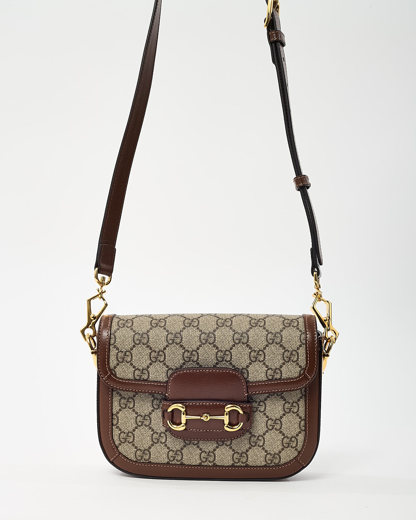 Gucci Brown Leather and Beige GG Supreme Coated Canvas Horsebit 1955 Small Shoulder Bag