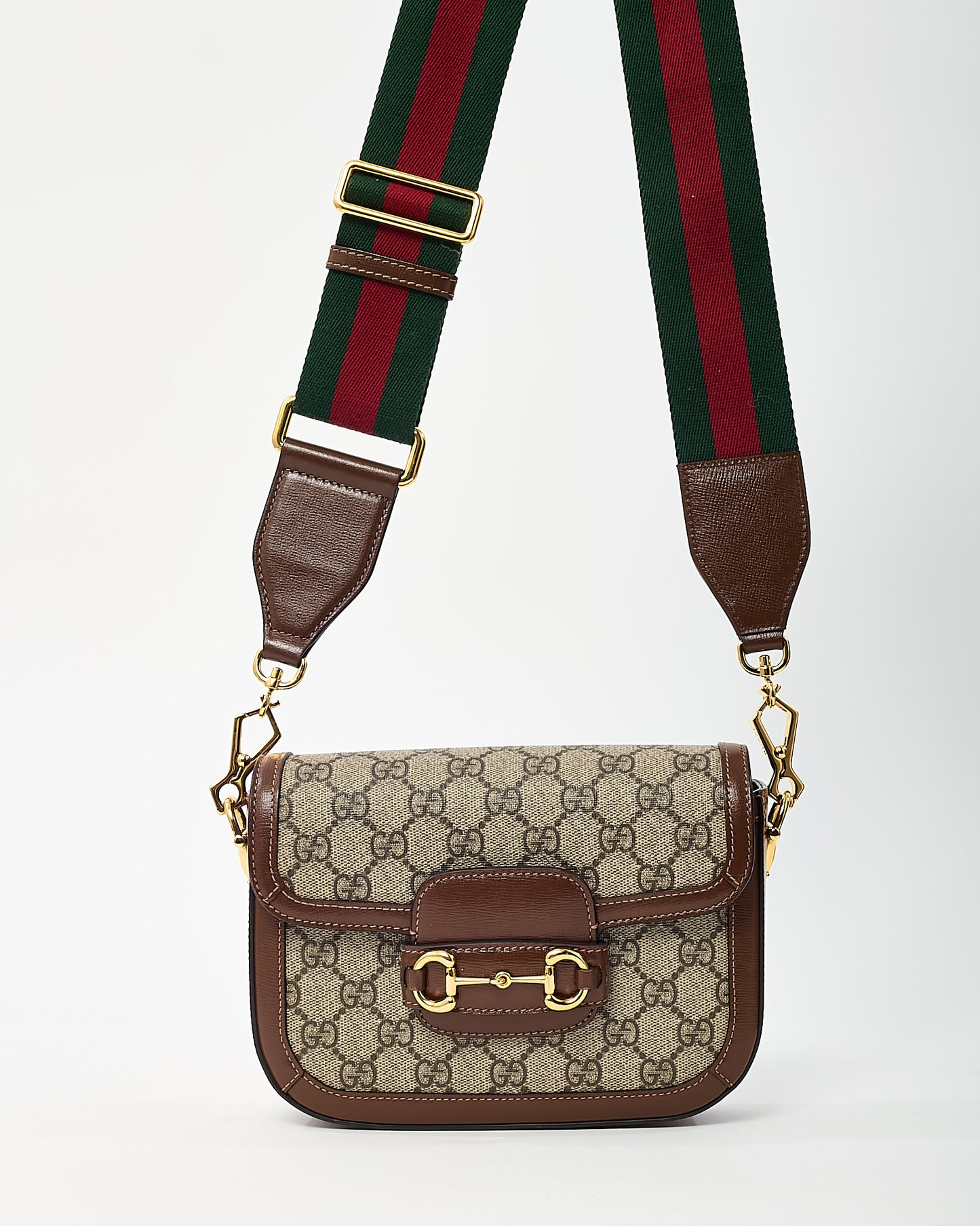 Gucci Brown Leather and Beige GG Supreme Coated Canvas Horsebit 1955 Small Shoulder Bag