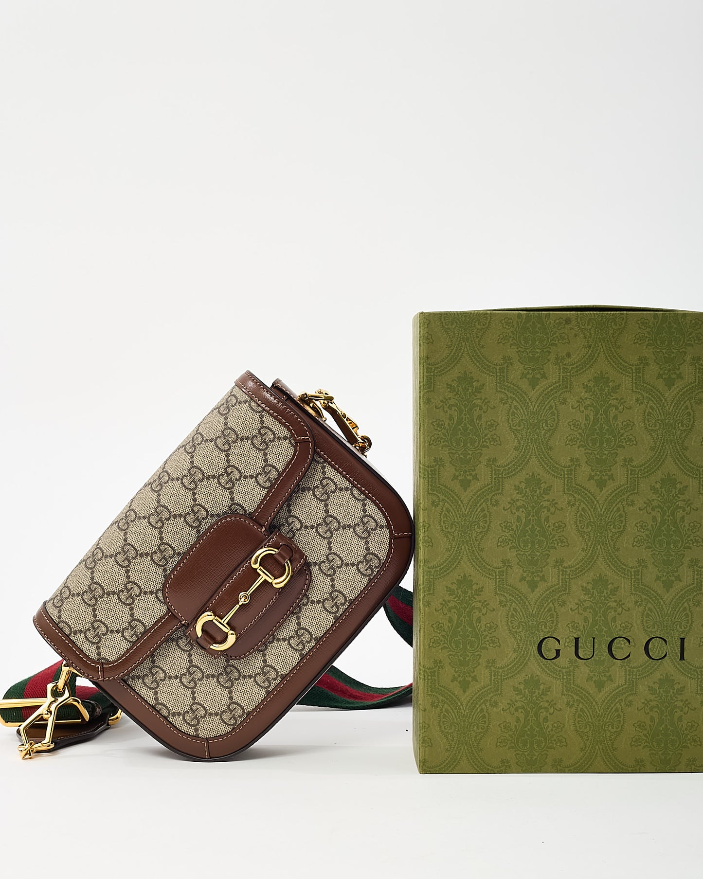 Gucci Brown Leather and Beige GG Supreme Coated Canvas Horsebit 1955 Small Shoulder Bag