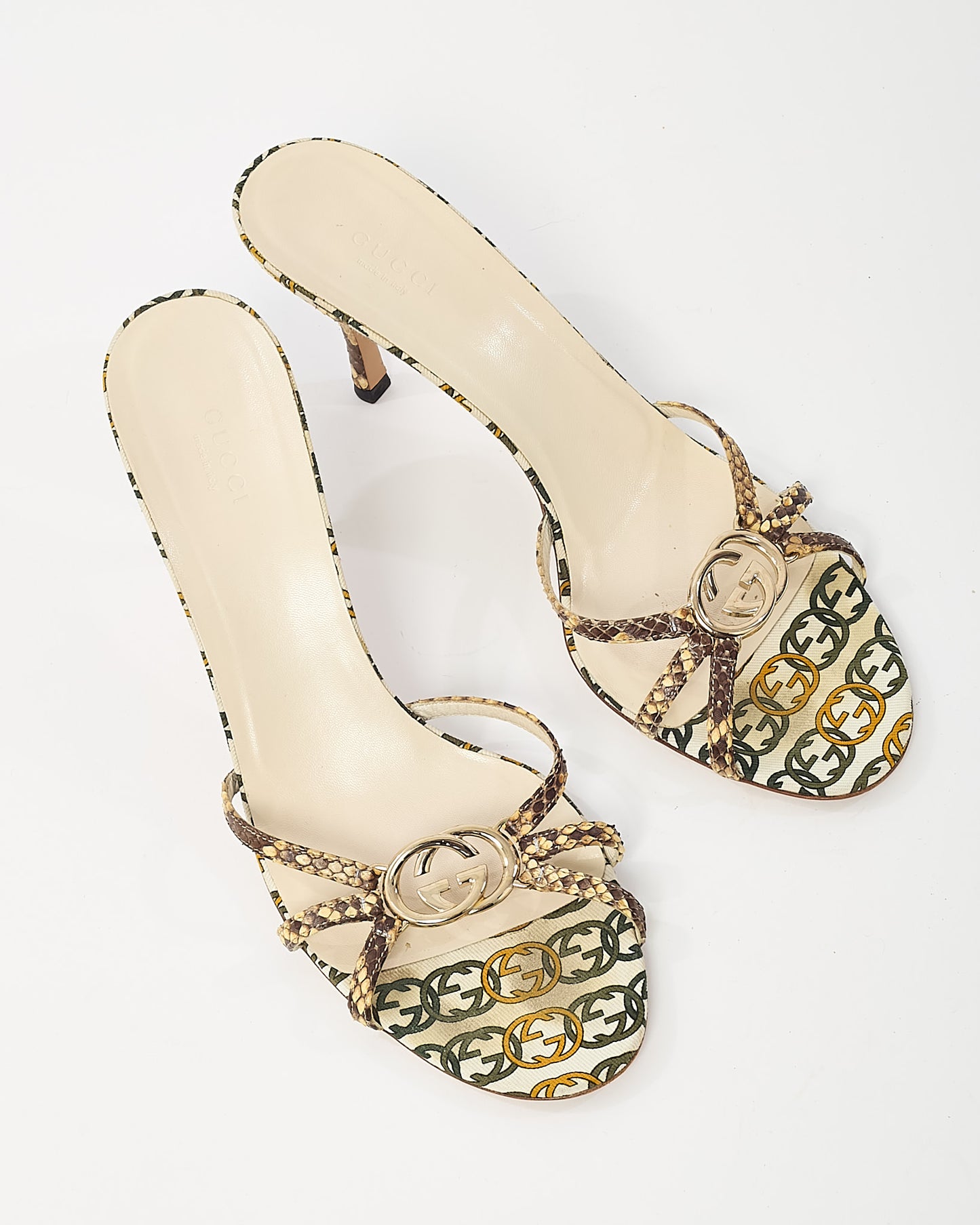 Gucci Vintage Brown Python Leather GG Logo Strappy Mule Sandals - 40.5