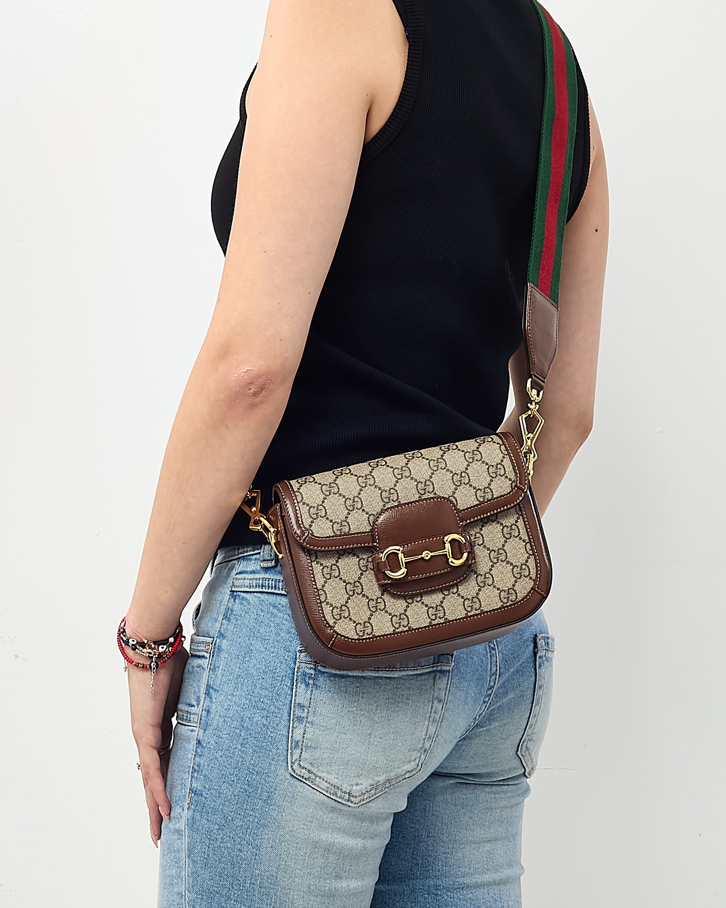 Gucci Brown Leather and Beige GG Supreme Coated Canvas Horsebit 1955 Small Shoulder Bag