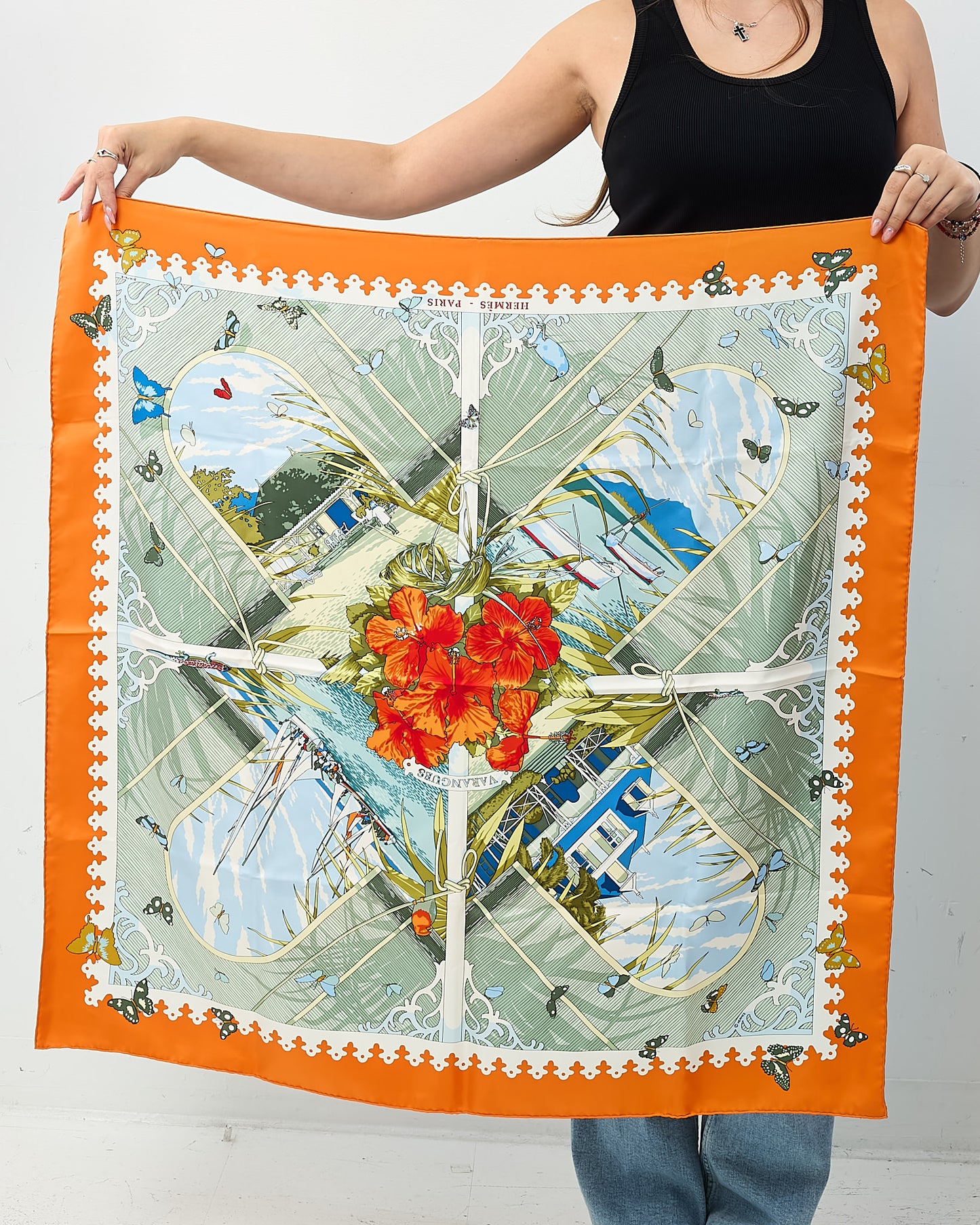 Hermès Orange/Blue/Green Multi "Varangues" Silk Printed 90cm Scarf