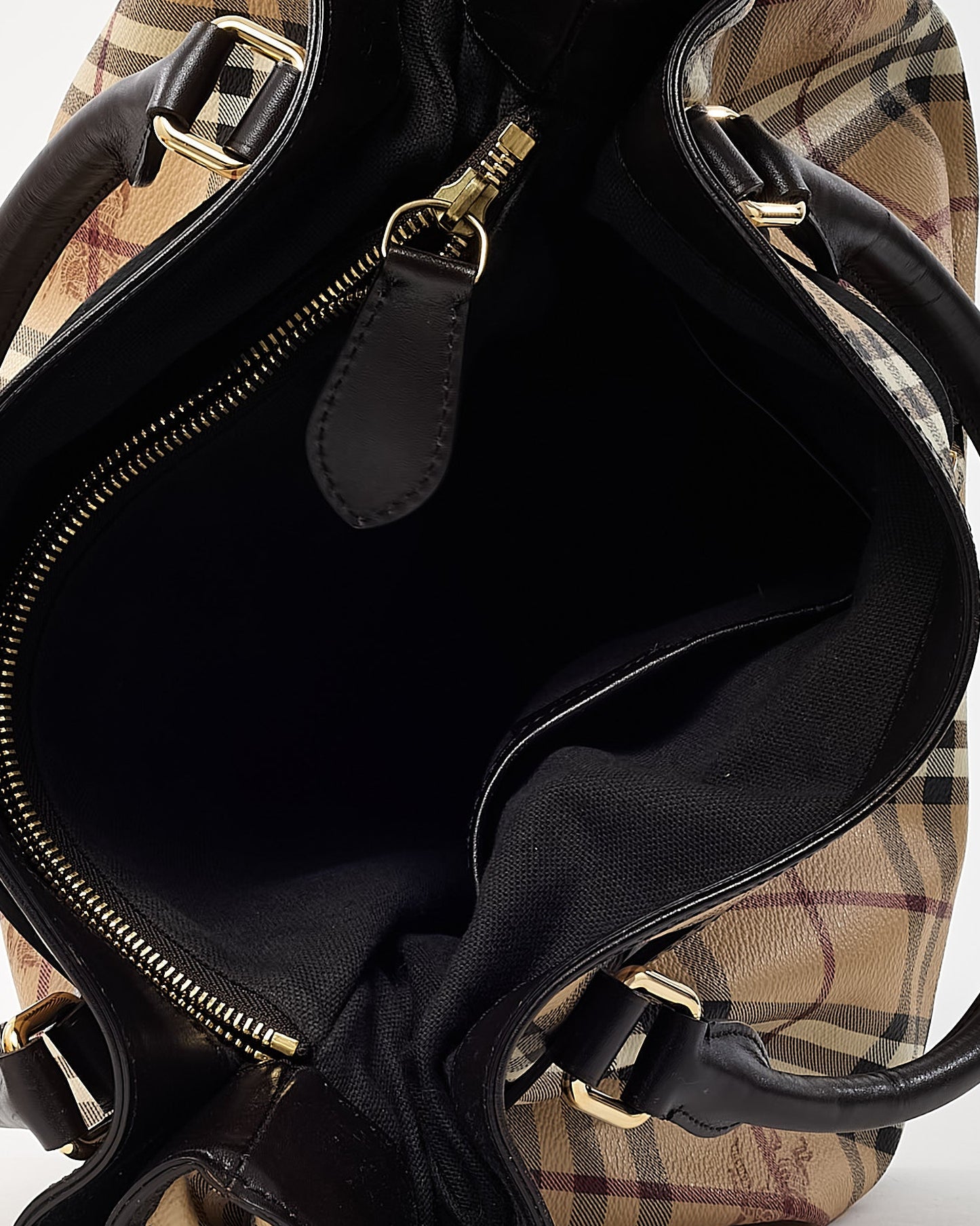 Burberry Brown Leather and Beige Haymarket Check Coated Canvas Golderton Tote with Strap