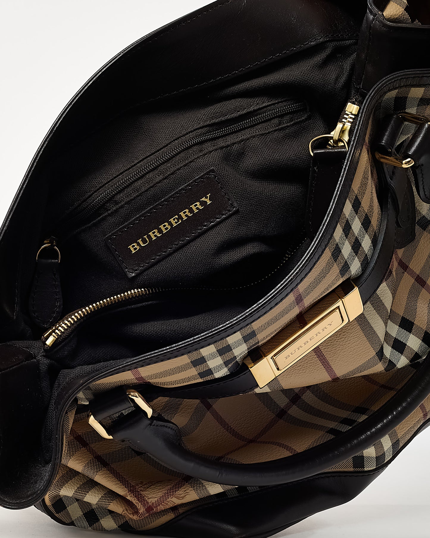 Burberry Brown Leather and Beige Haymarket Check Coated Canvas Golderton Tote with Strap