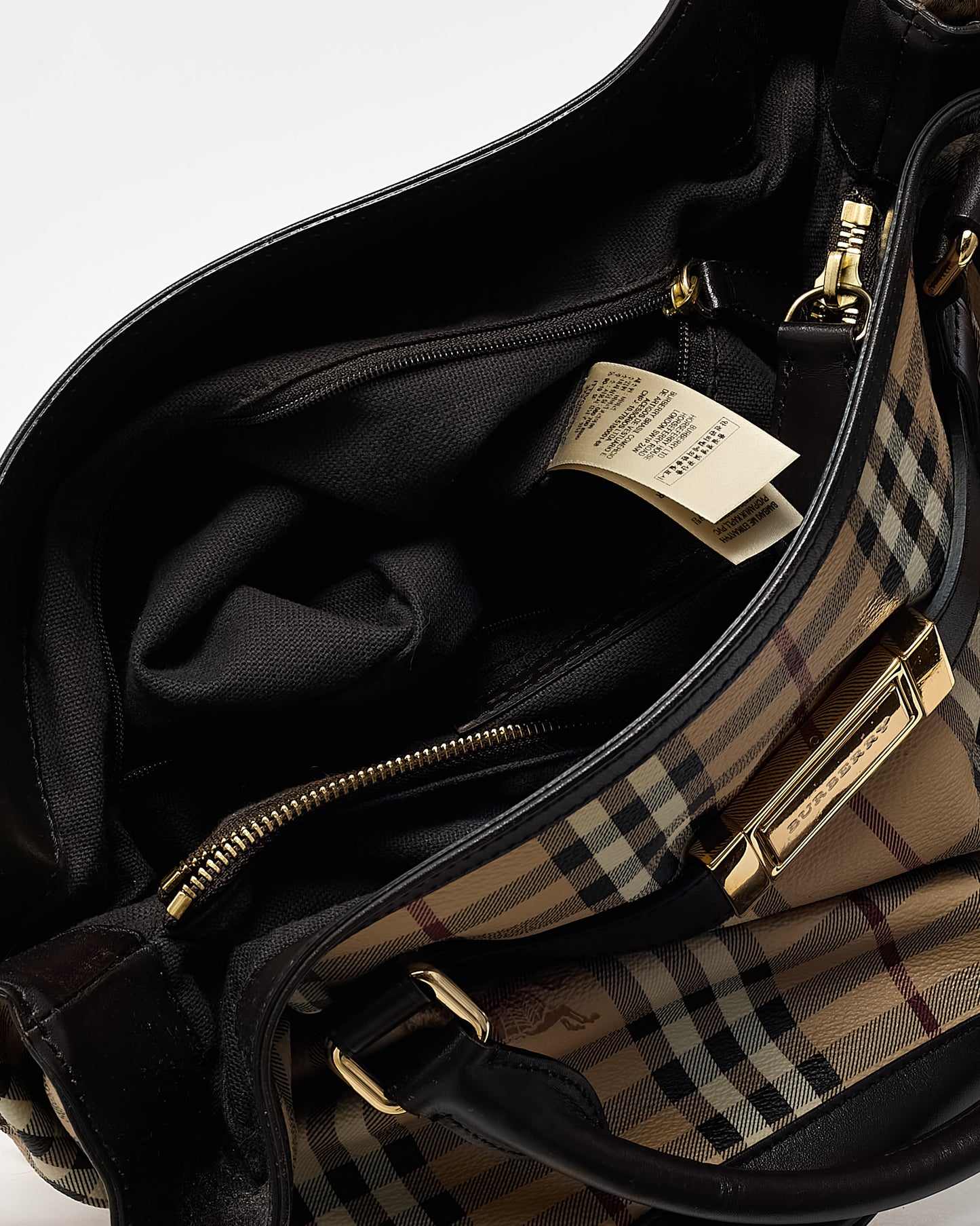 Burberry Brown Leather and Beige Haymarket Check Coated Canvas Golderton Tote with Strap