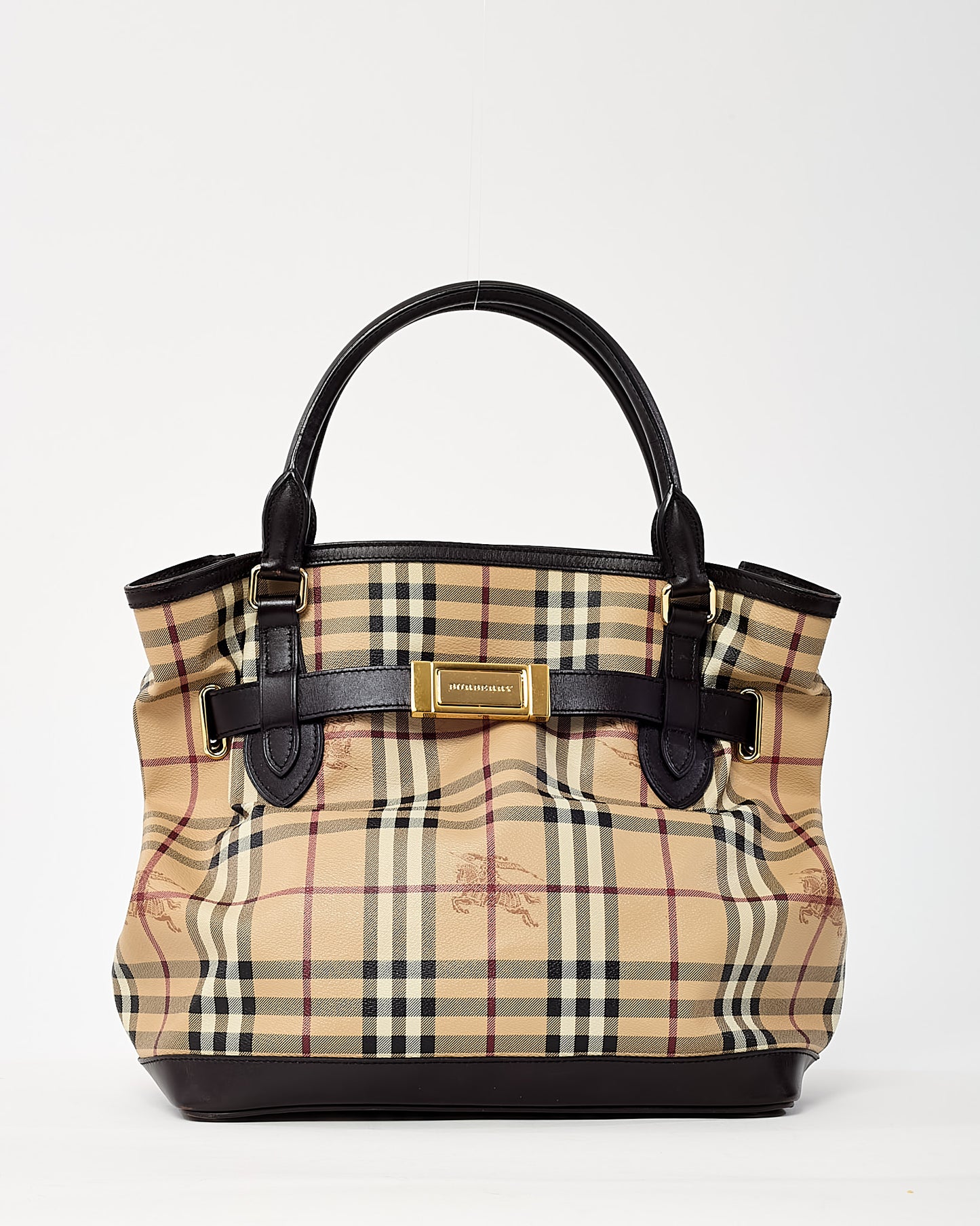 Burberry Brown Leather and Beige Haymarket Check Coated Canvas Golderton Tote with Strap