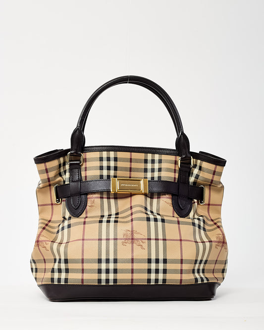 Burberry Brown Leather and Beige Haymarket Check Coated Canvas Golderton Tote with Strap