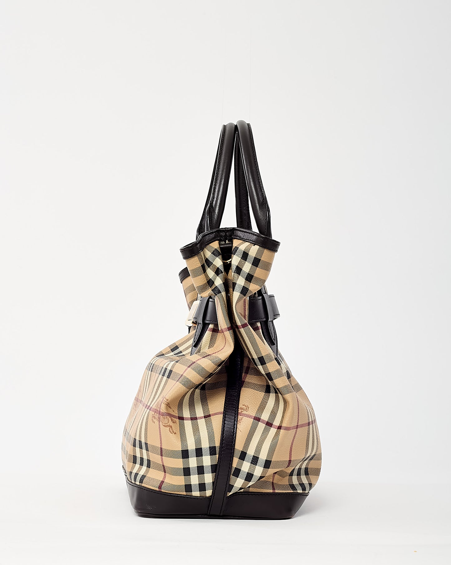 Burberry Brown Leather and Beige Haymarket Check Coated Canvas Golderton Tote with Strap