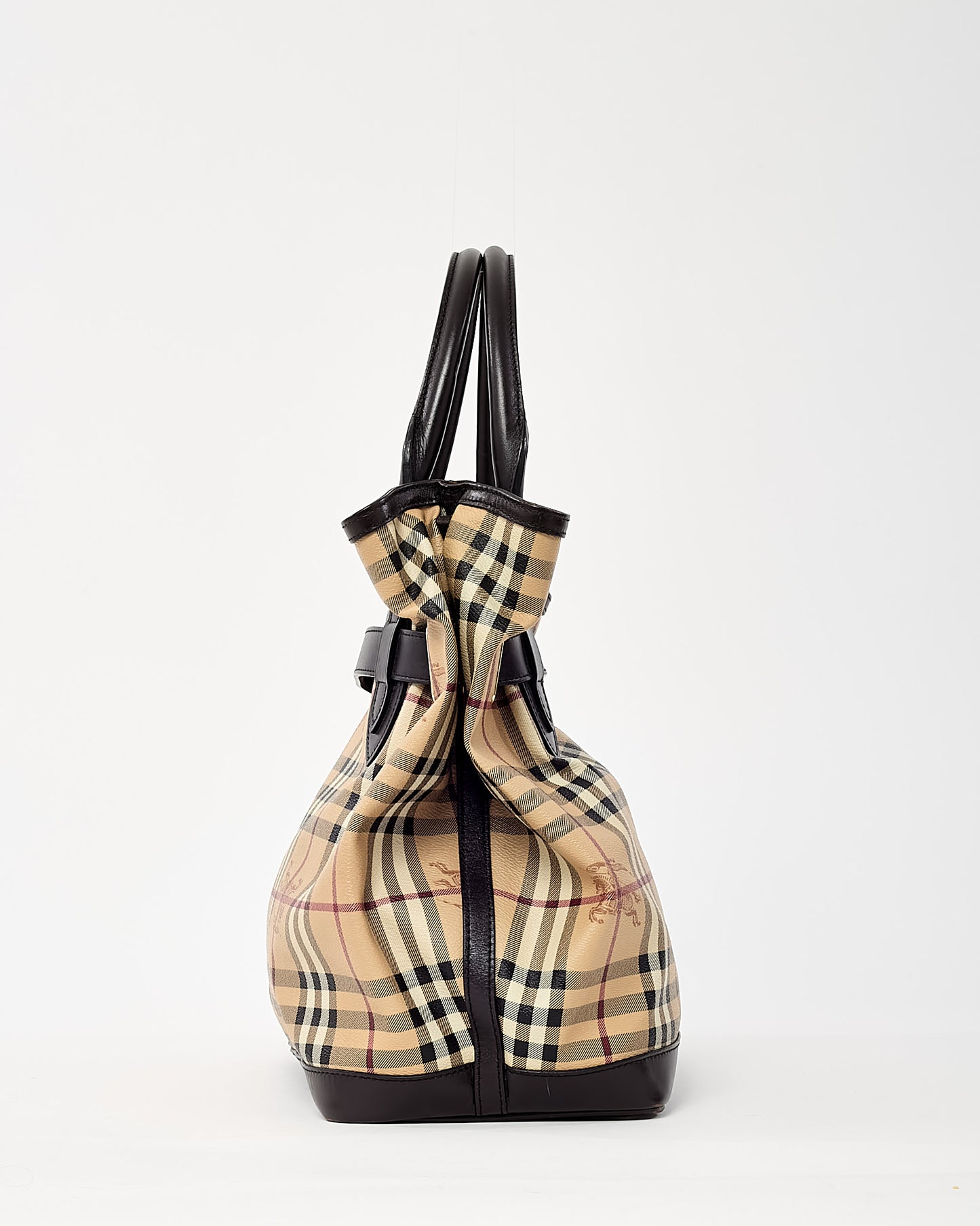 Burberry Brown Leather and Beige Haymarket Check Coated Canvas Golderton Tote with Strap