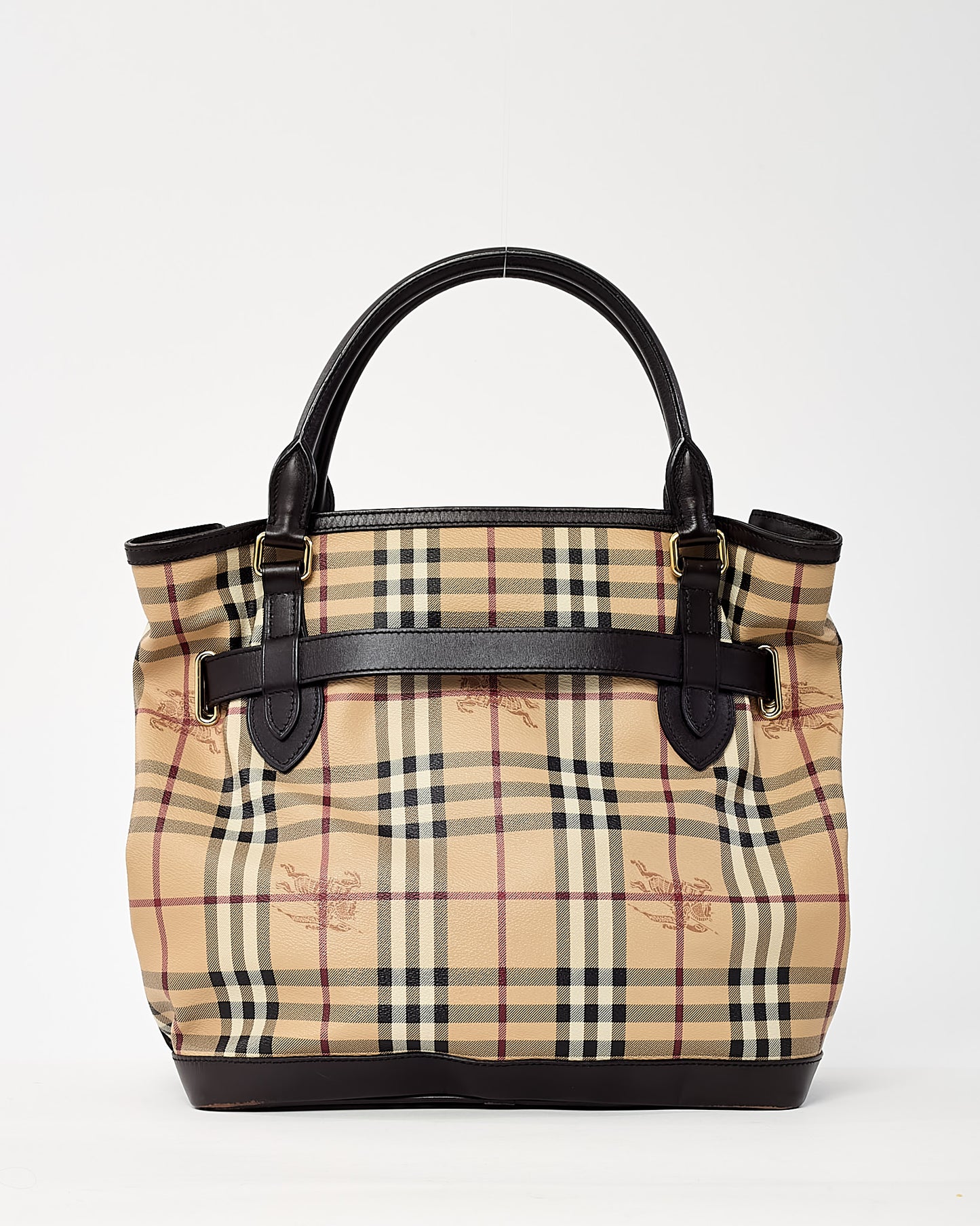 Burberry Brown Leather and Beige Haymarket Check Coated Canvas Golderton Tote with Strap