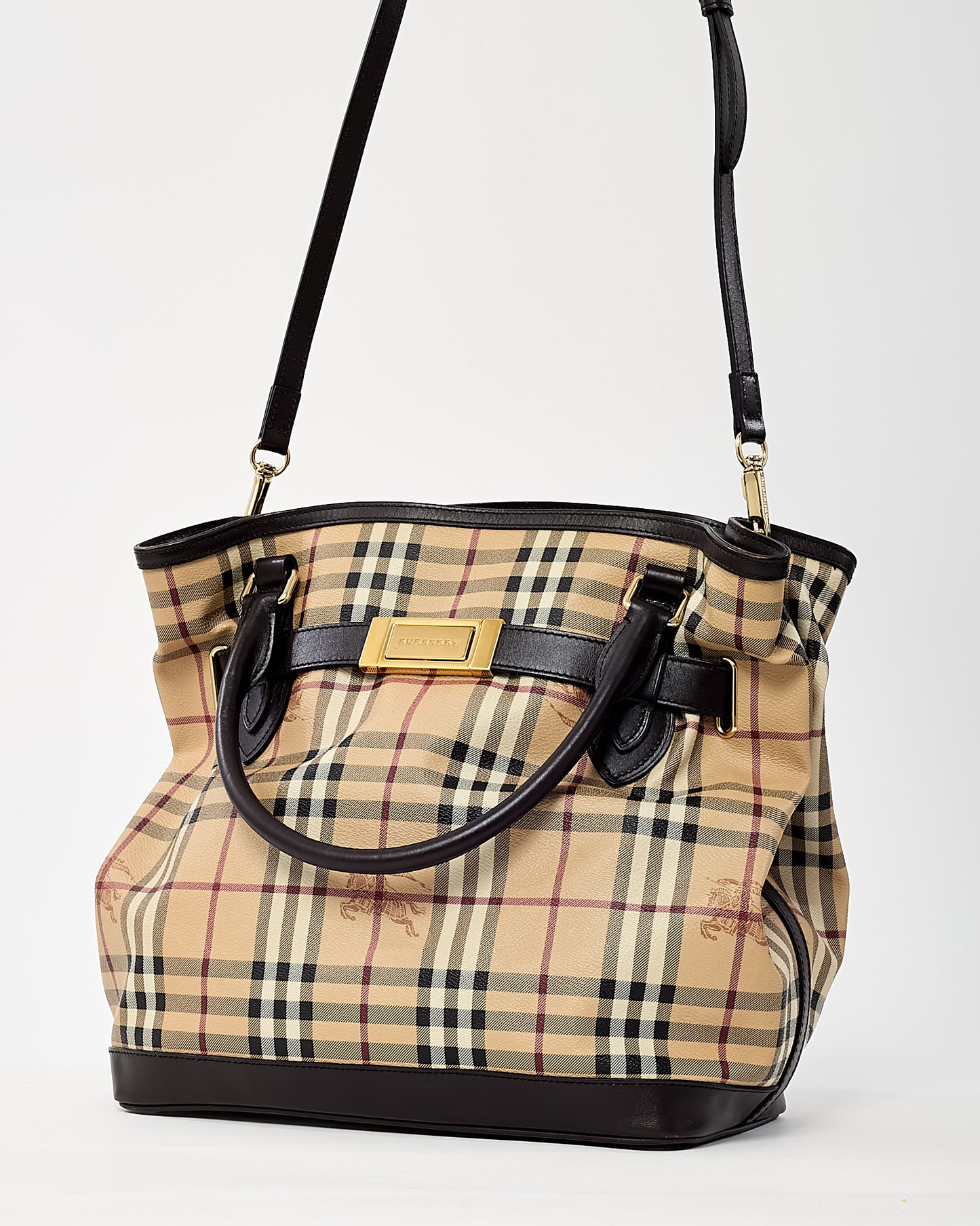 Burberry Brown Leather and Beige Haymarket Check Coated Canvas Golderton Tote with Strap