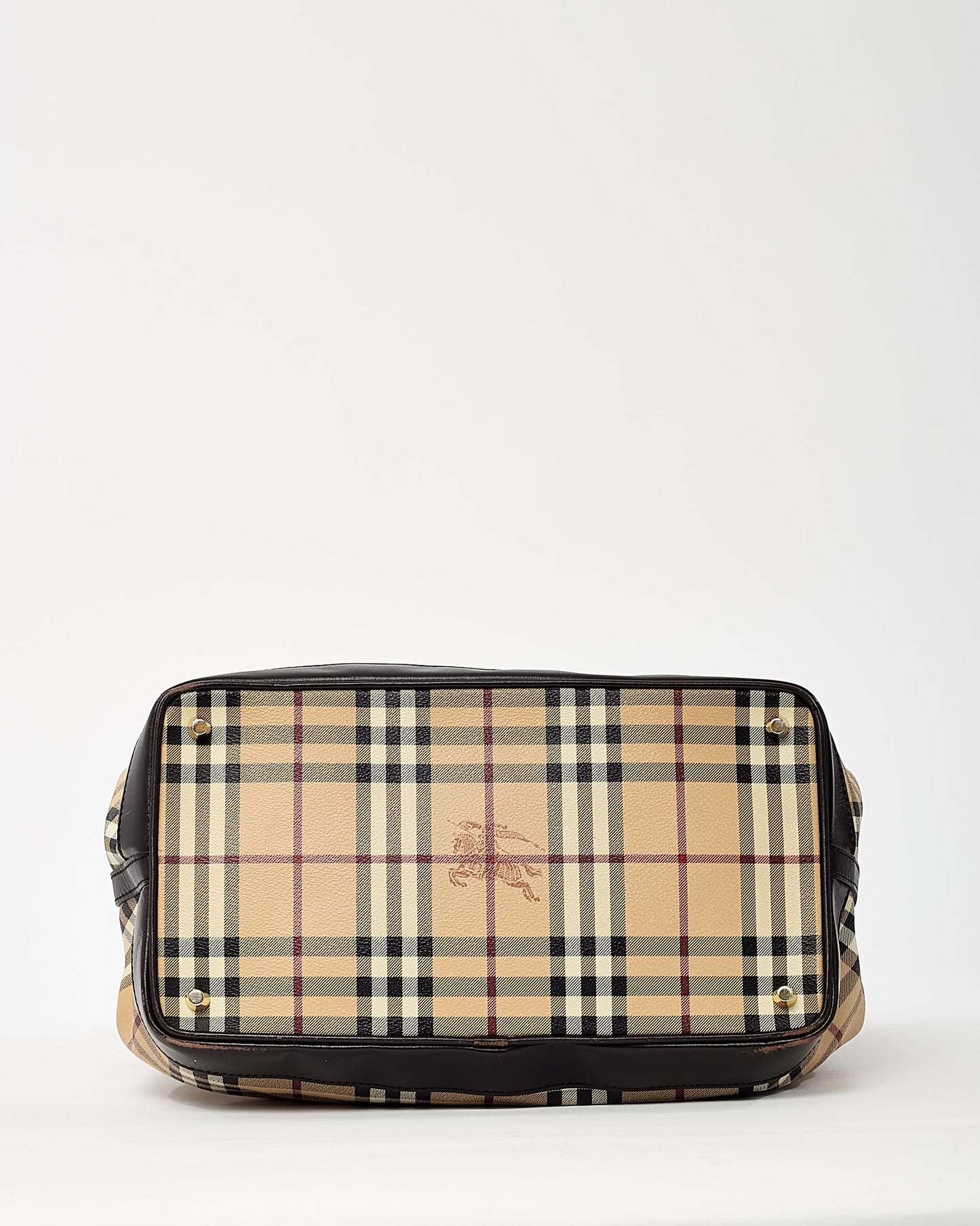 Burberry Brown Leather and Beige Haymarket Check Coated Canvas Golderton Tote with Strap