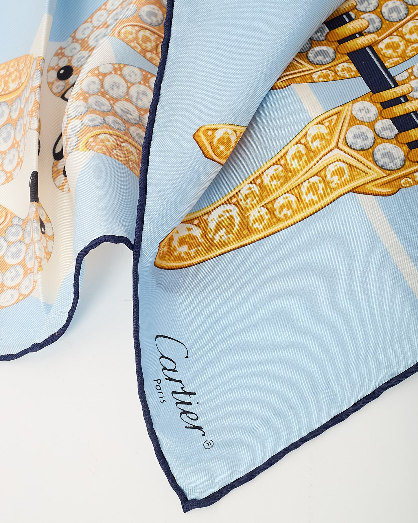 Cartier Light Blue Gold Diamond Studded Parrots Printed Silk Scarf