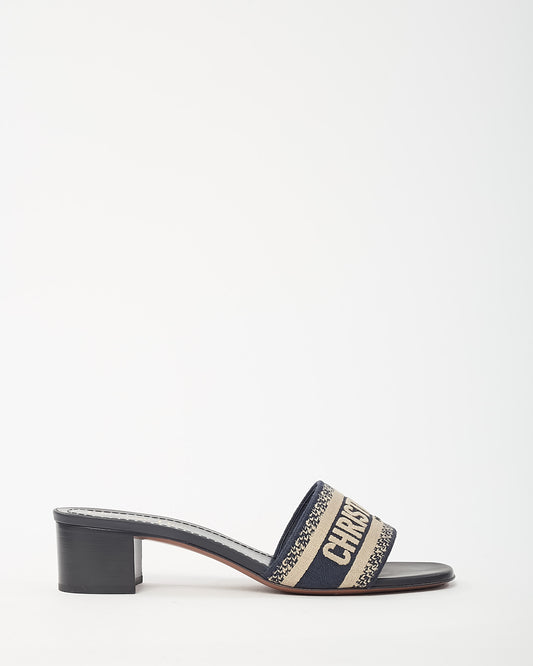 Dior Navy Blue Embroidered Cotton Logo Dway Heeled Slide Sandals - 39