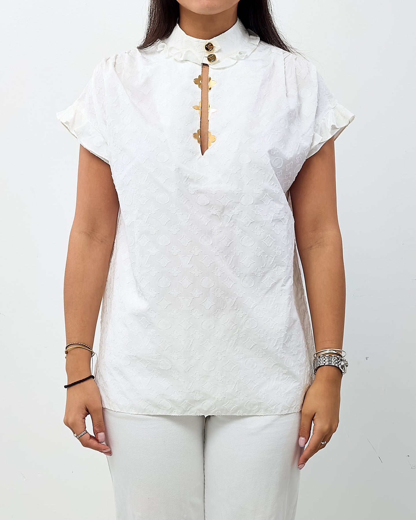 Louis Vuitton White Cotton Poplin Gold Button Frill Blouse - 38/US 6