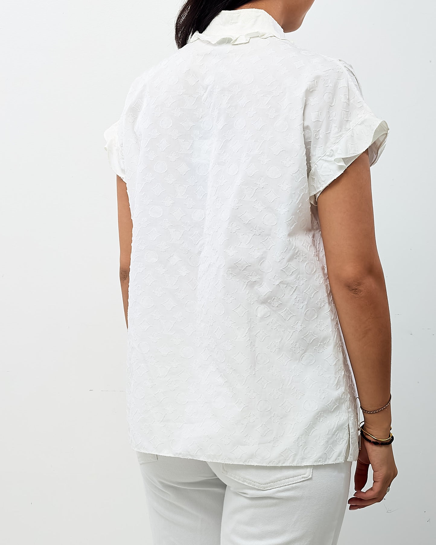 Louis Vuitton White Cotton Poplin Gold Button Frill Blouse - 38/US 6