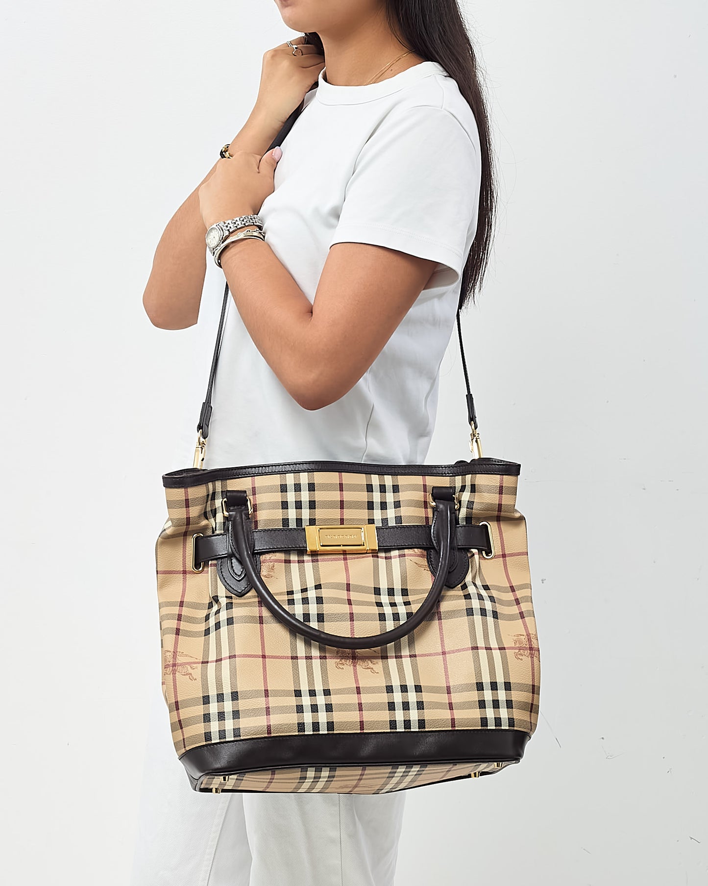 Burberry Brown Leather and Beige Haymarket Check Coated Canvas Golderton Tote with Strap
