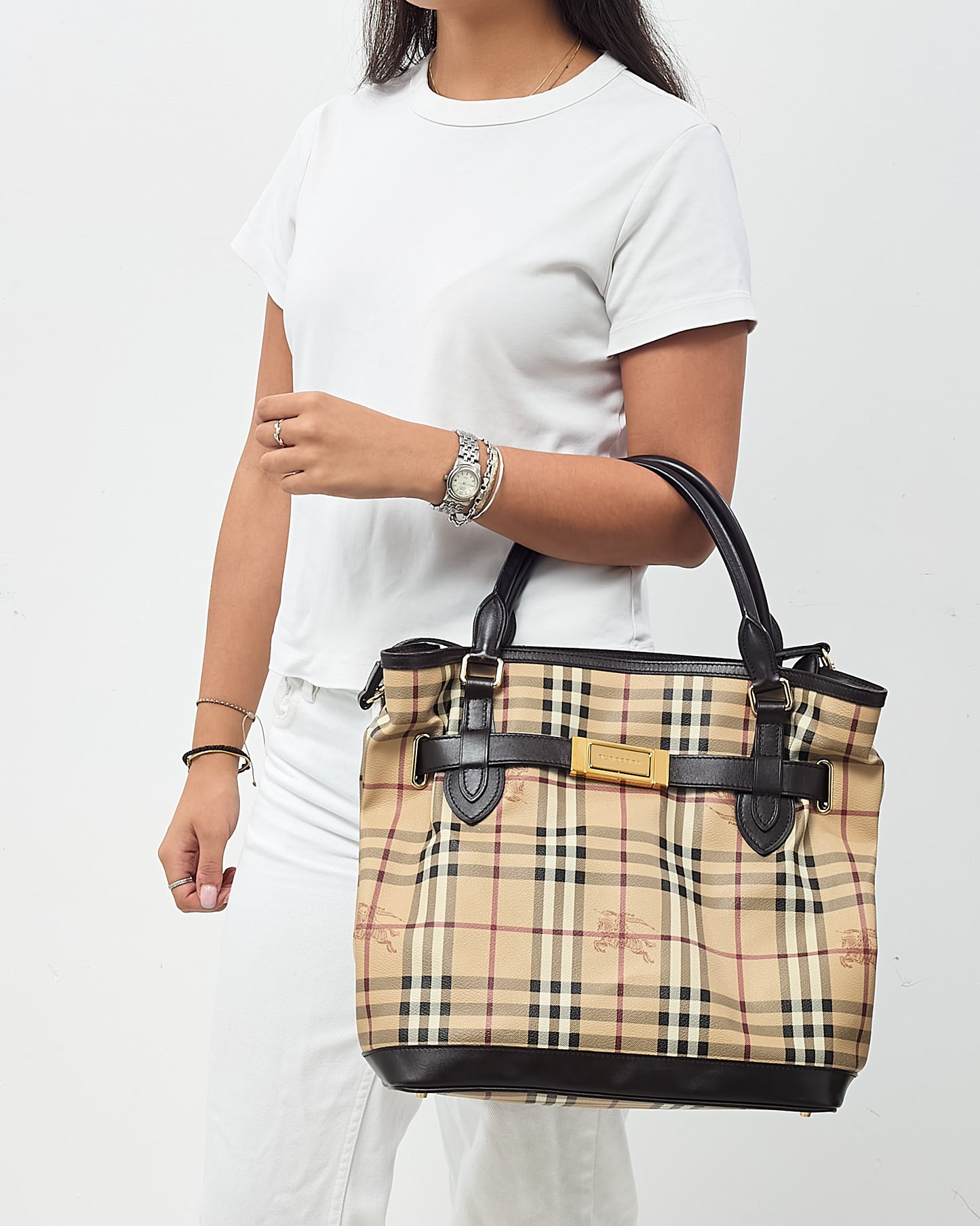 Burberry Brown Leather and Beige Haymarket Check Coated Canvas Golderton Tote with Strap