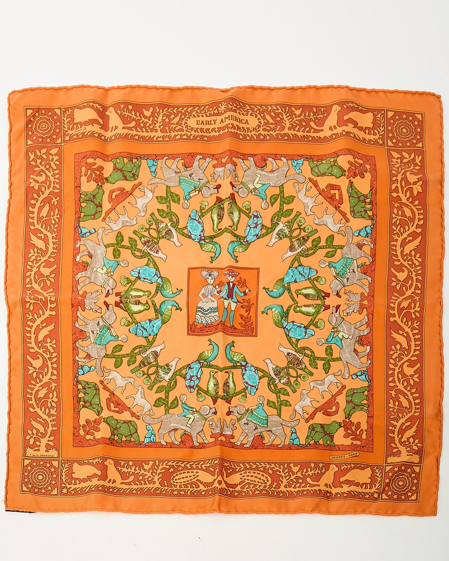 Hermès Orange/Blue/Green/ Multi Animal "Early America" Silk Printed 45cm Scarf