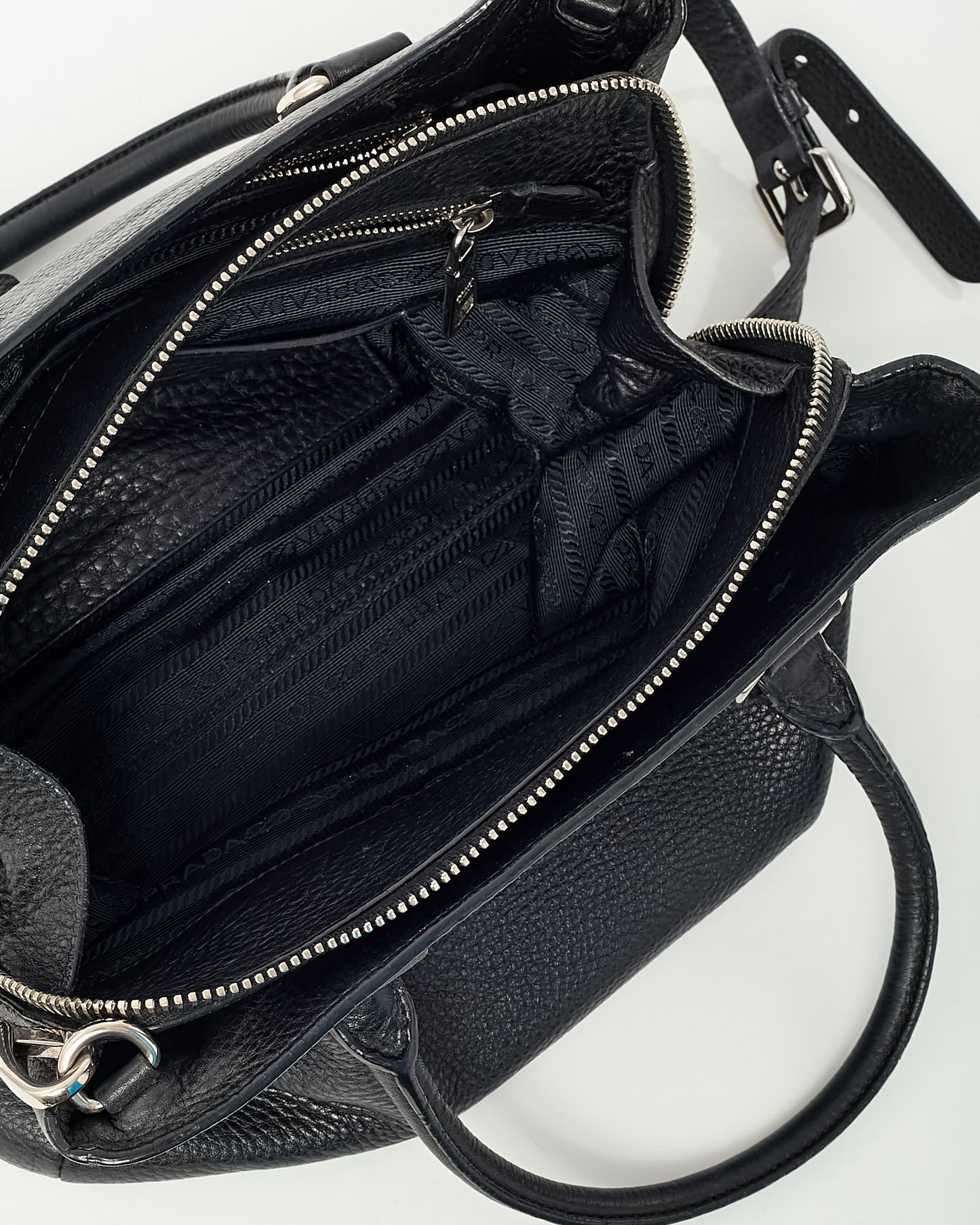 Prada Black Vitello Daino Leather Zip Around 2Way Tote Bag with Strap