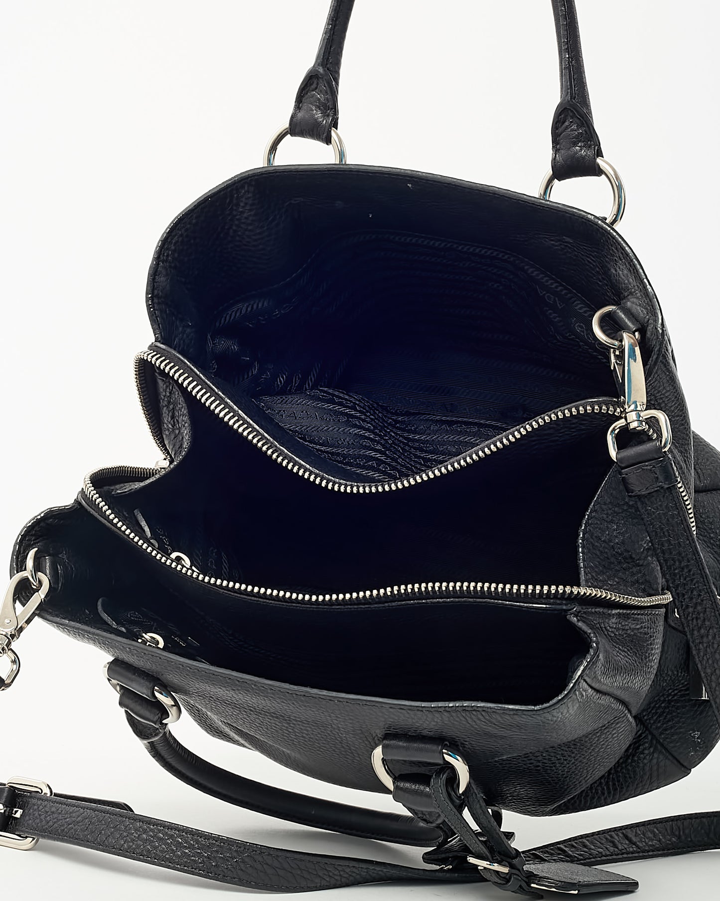 Prada Black Vitello Daino Leather Zip Around 2Way Tote Bag with Strap