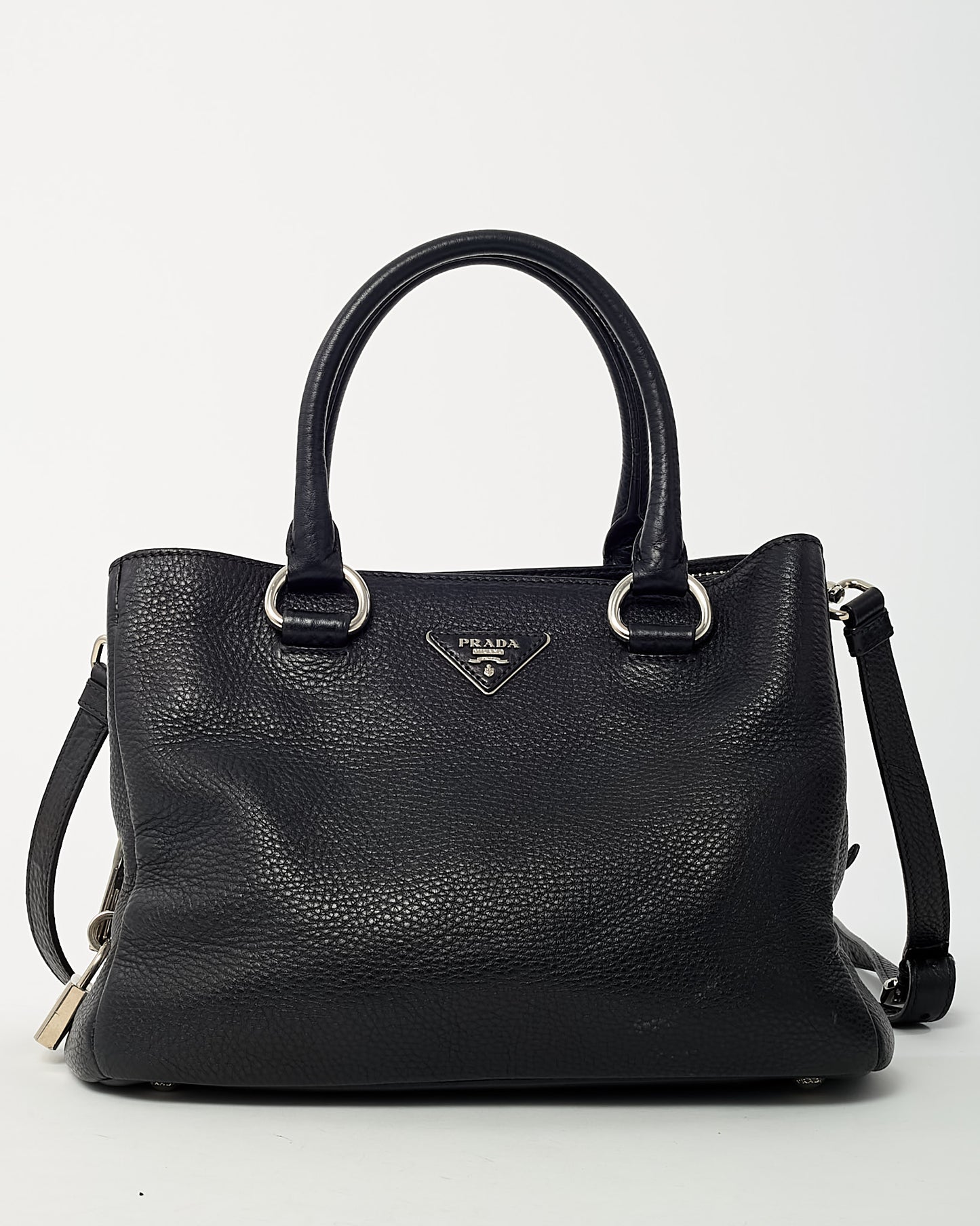 Prada Black Vitello Daino Leather Zip Around 2Way Tote Bag with Strap