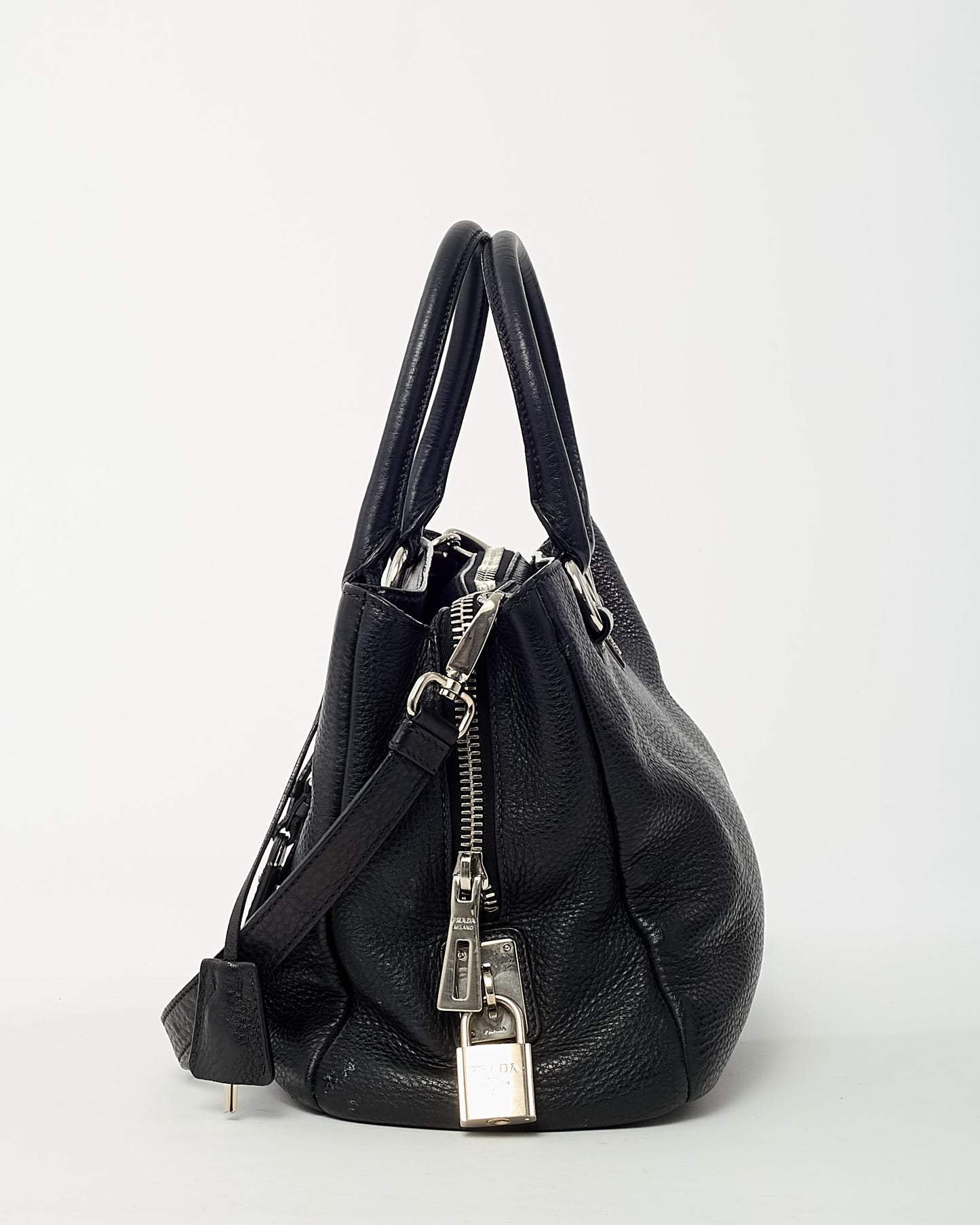 Prada Black Vitello Daino Leather Zip Around 2Way Tote Bag with Strap