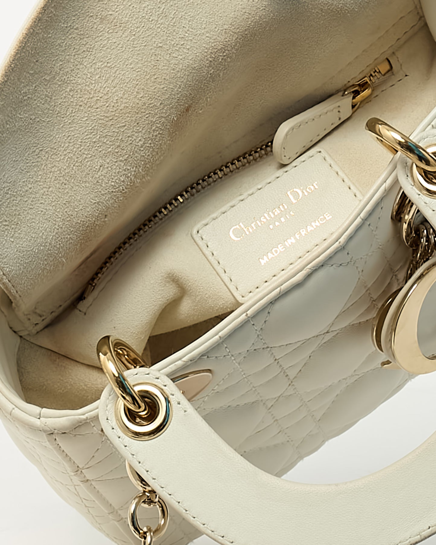 Dior White Cannage Leather Mini Lady Dior Bag with Champagne Hardware
