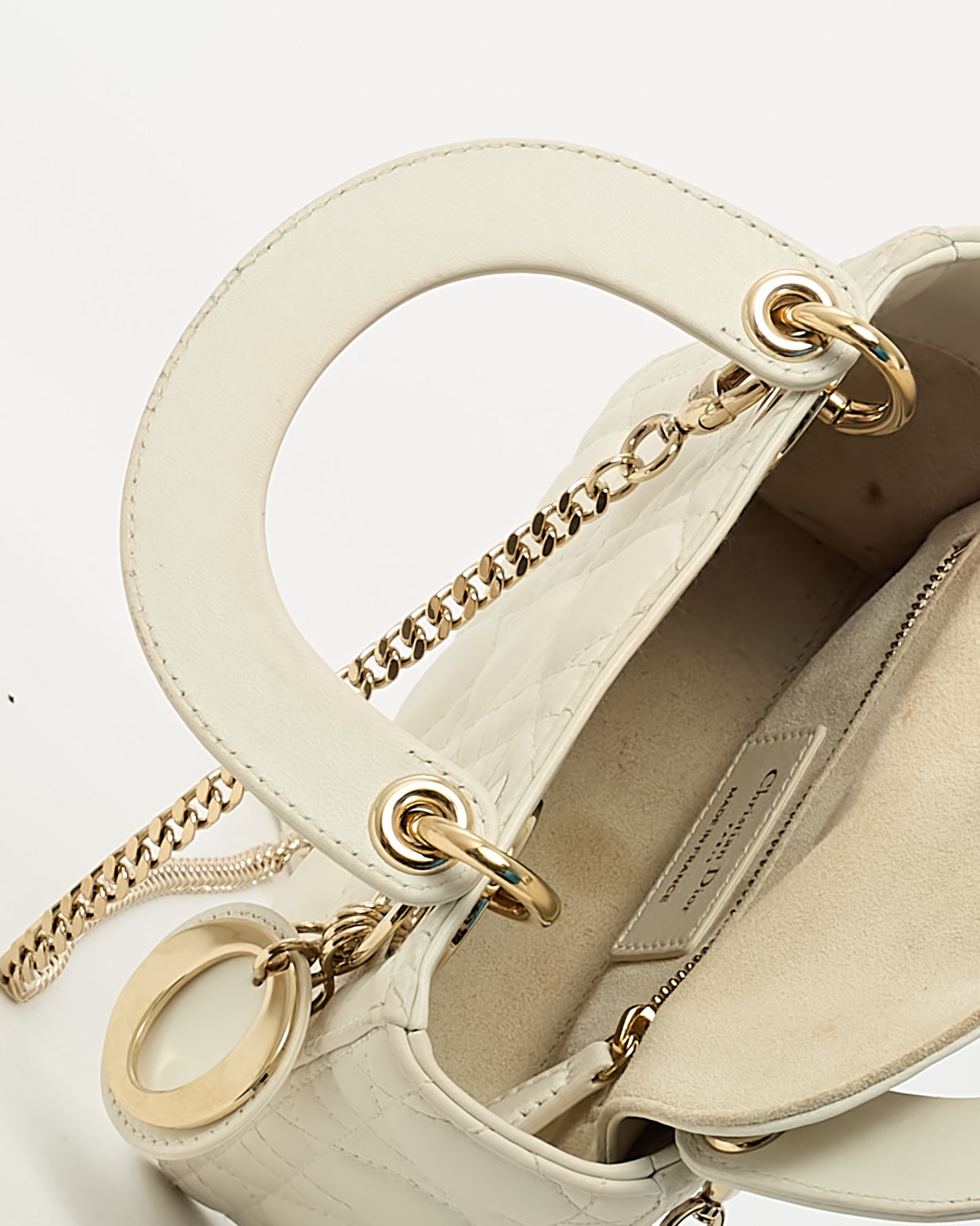 Dior White Cannage Leather Mini Lady Dior Bag with Champagne Hardware
