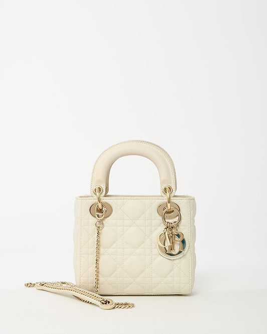 Dior White Cannage Leather Mini Lady Dior Bag with Champagne Hardware