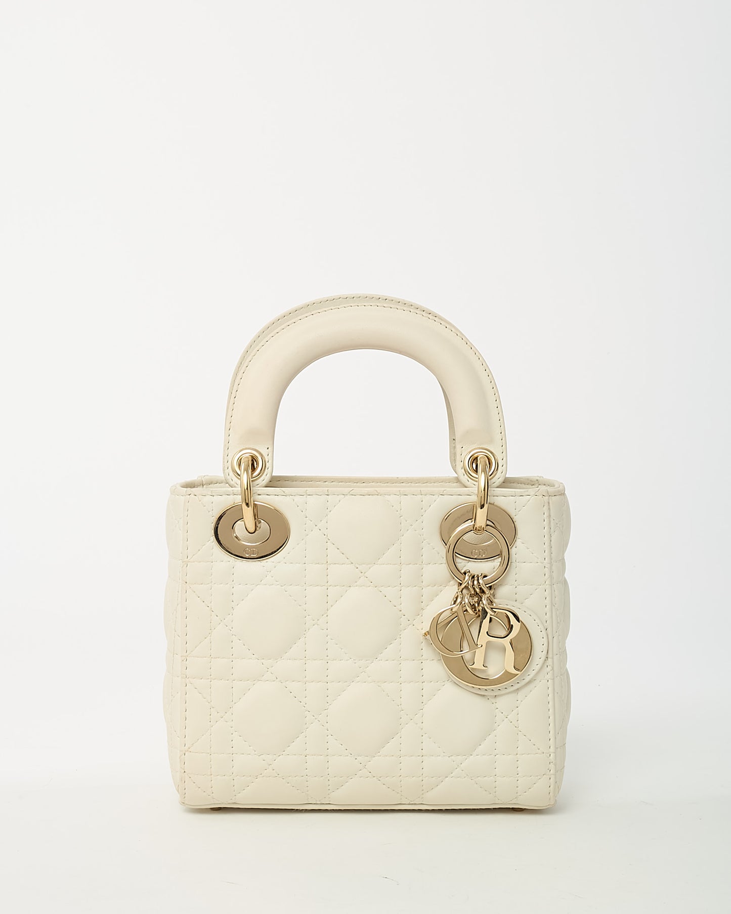 Dior White Cannage Leather Mini Lady Dior Bag with Champagne Hardware