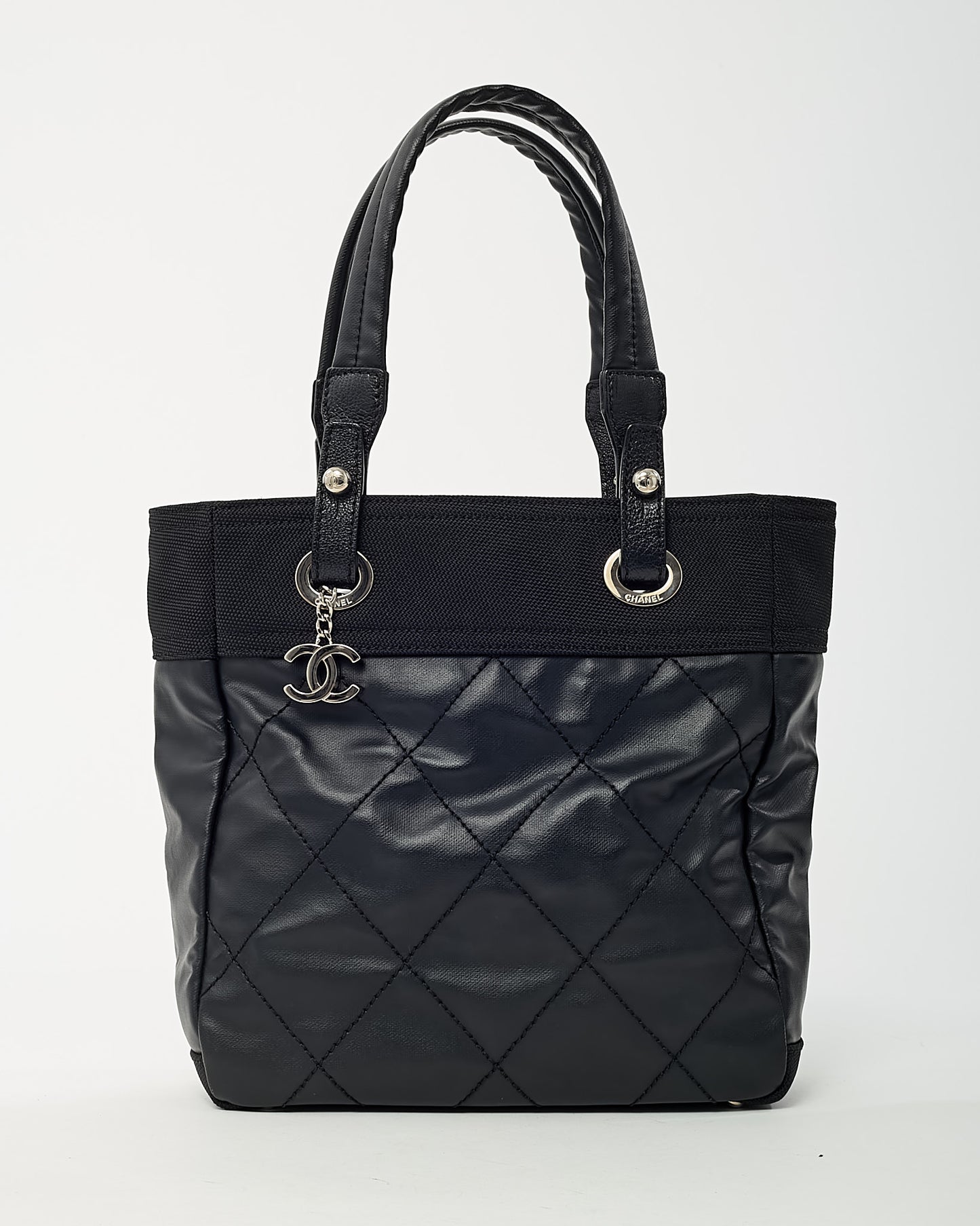 Chanel Black Coated Canvas Quilted Small Paris Biarritz Tote PM
