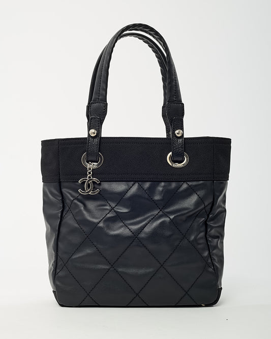 Chanel Black Coated Canvas Quilted Small Paris Biarritz Tote PM