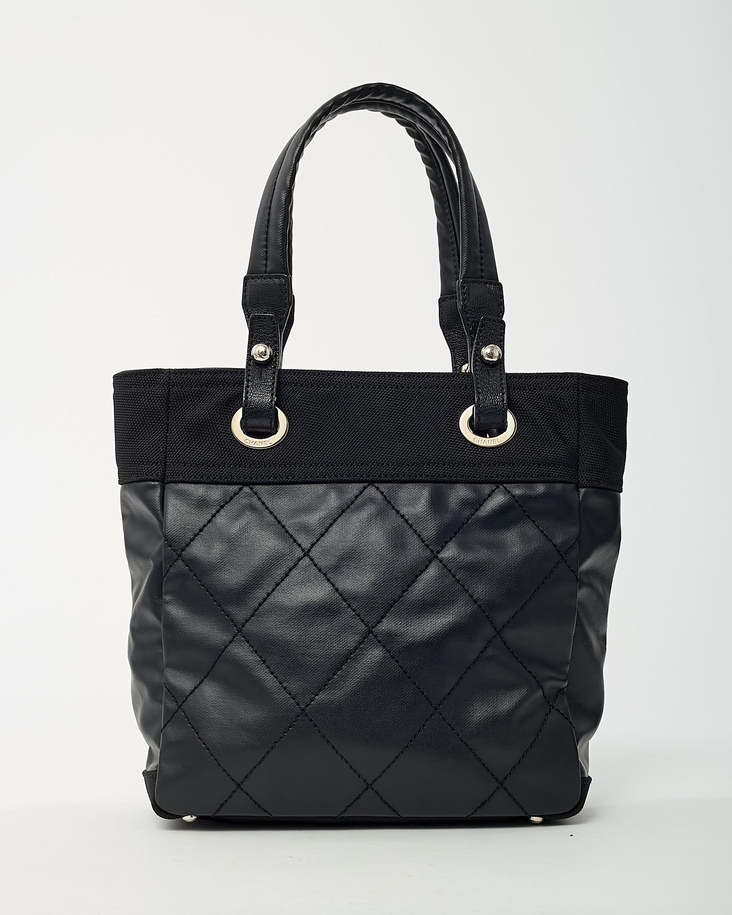 Chanel Black Coated Canvas Quilted Small Paris Biarritz Tote PM
