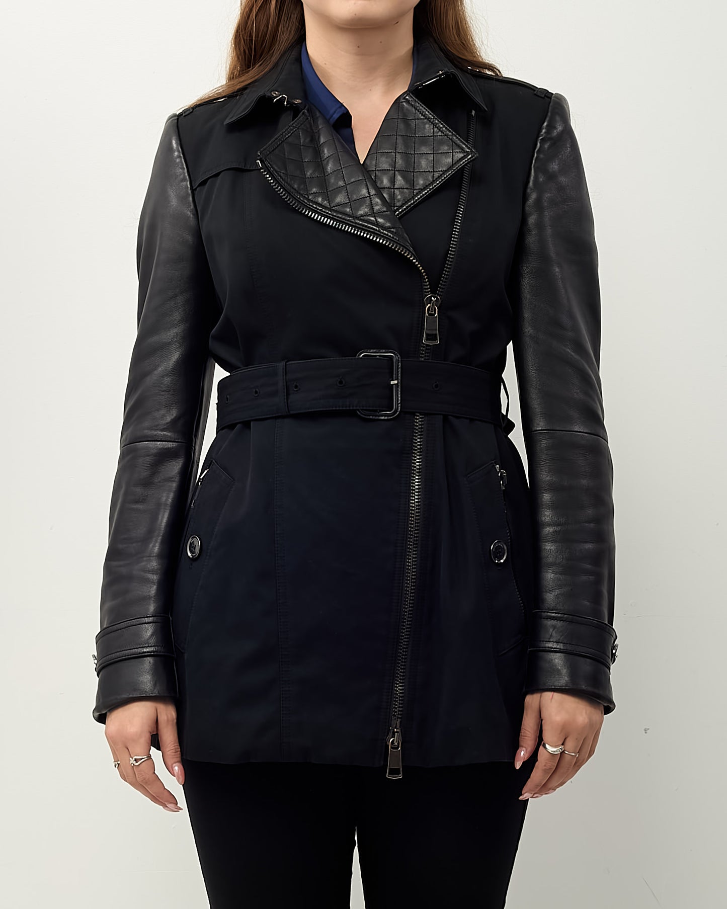 Burberry London Black Cotton and Leather Asymetrical Zip Trench Coat - US 8