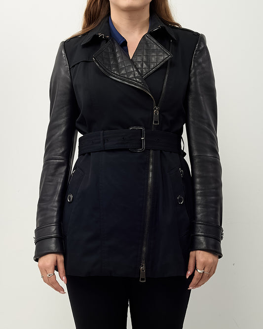 Burberry London Black Cotton and Leather Asymetrical Zip Trench Coat - US 8