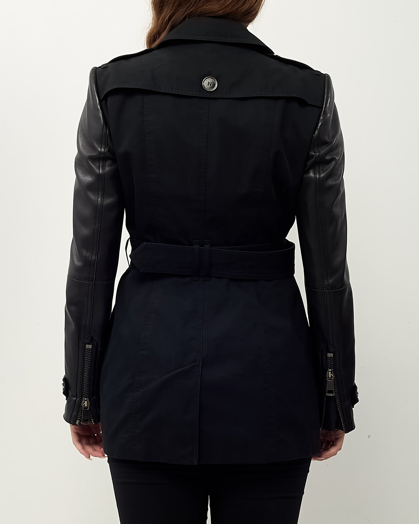 Burberry London Black Cotton and Leather Asymetrical Zip Trench Coat - US 8