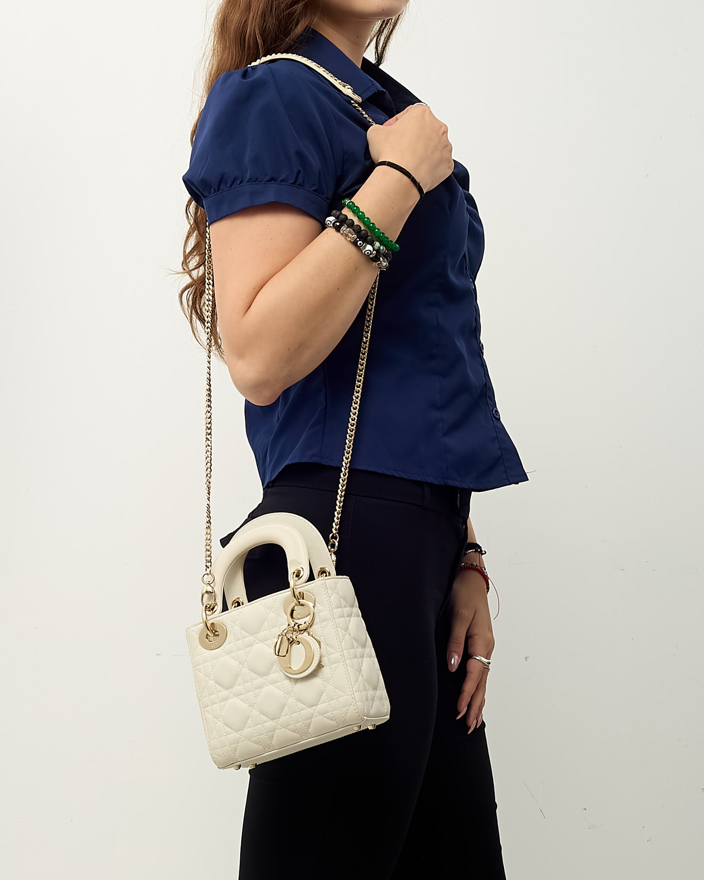 Dior White Cannage Leather Mini Lady Dior Bag with Champagne Hardware