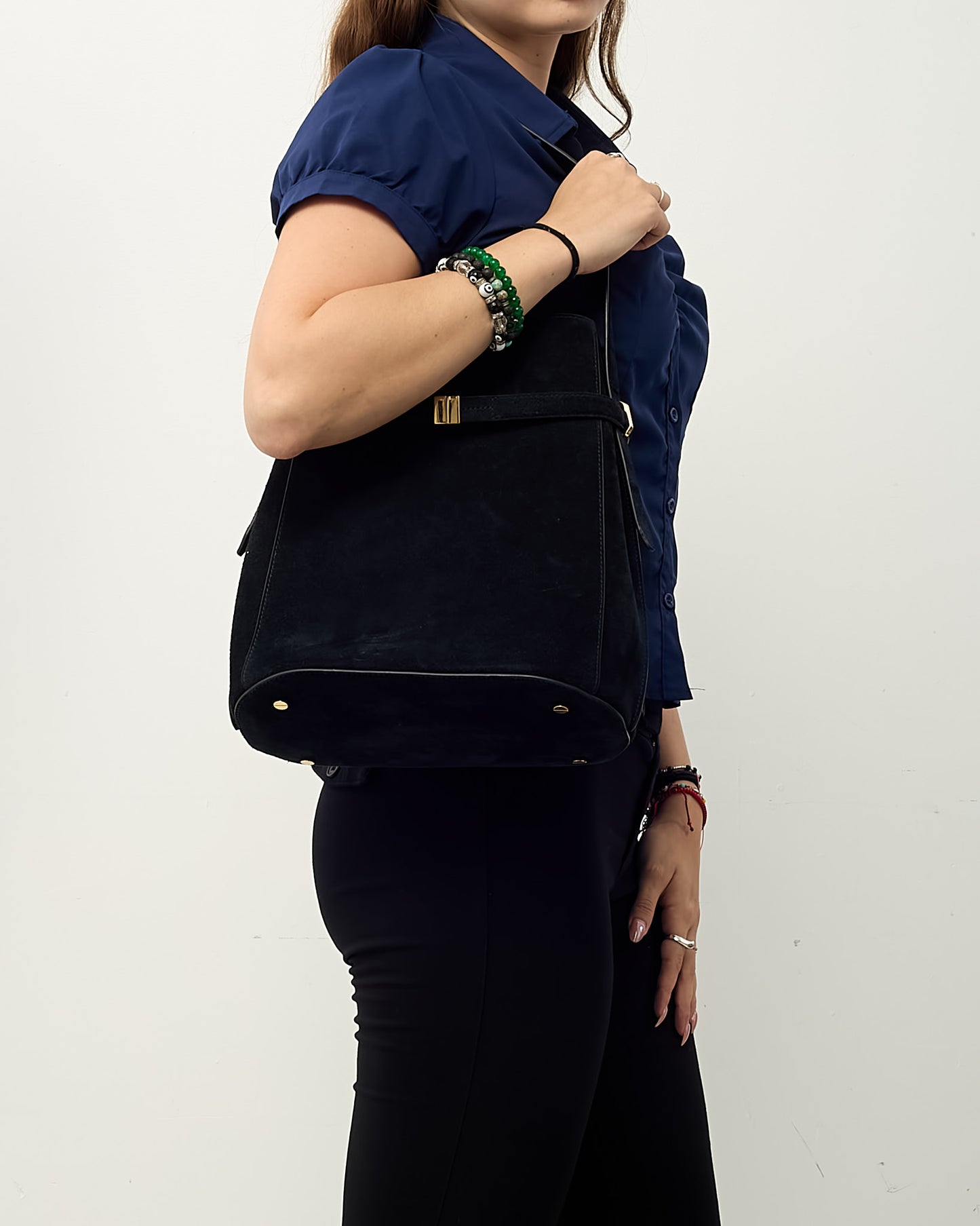 Totême Black Suede Belted Bucket Bag