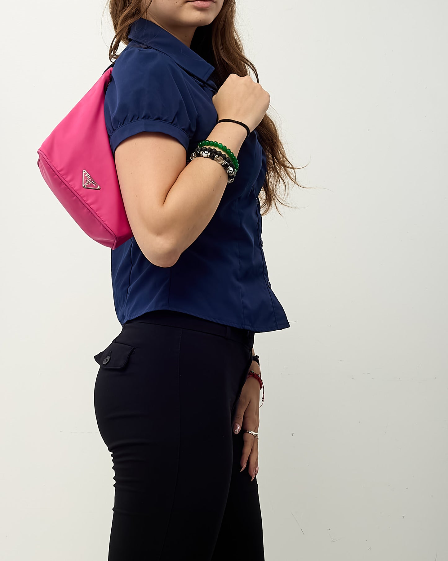 Prada Pink and Black Leather Detail Nylon Tessuto Shoulder Bag