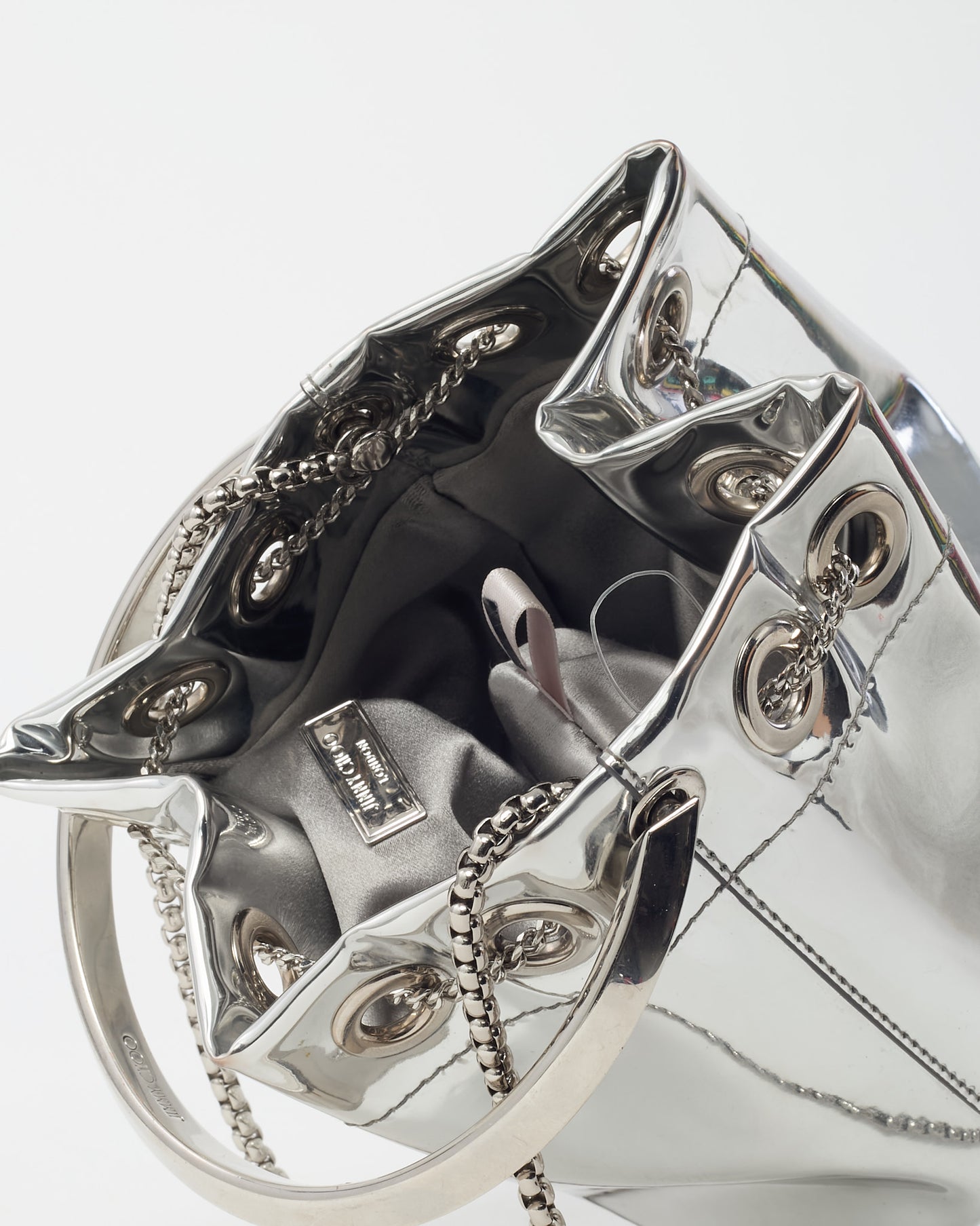 Jimmy Choo Metallic Silver Fabric Metal Handle Bon Bon Bucket Bag with Chain Strap