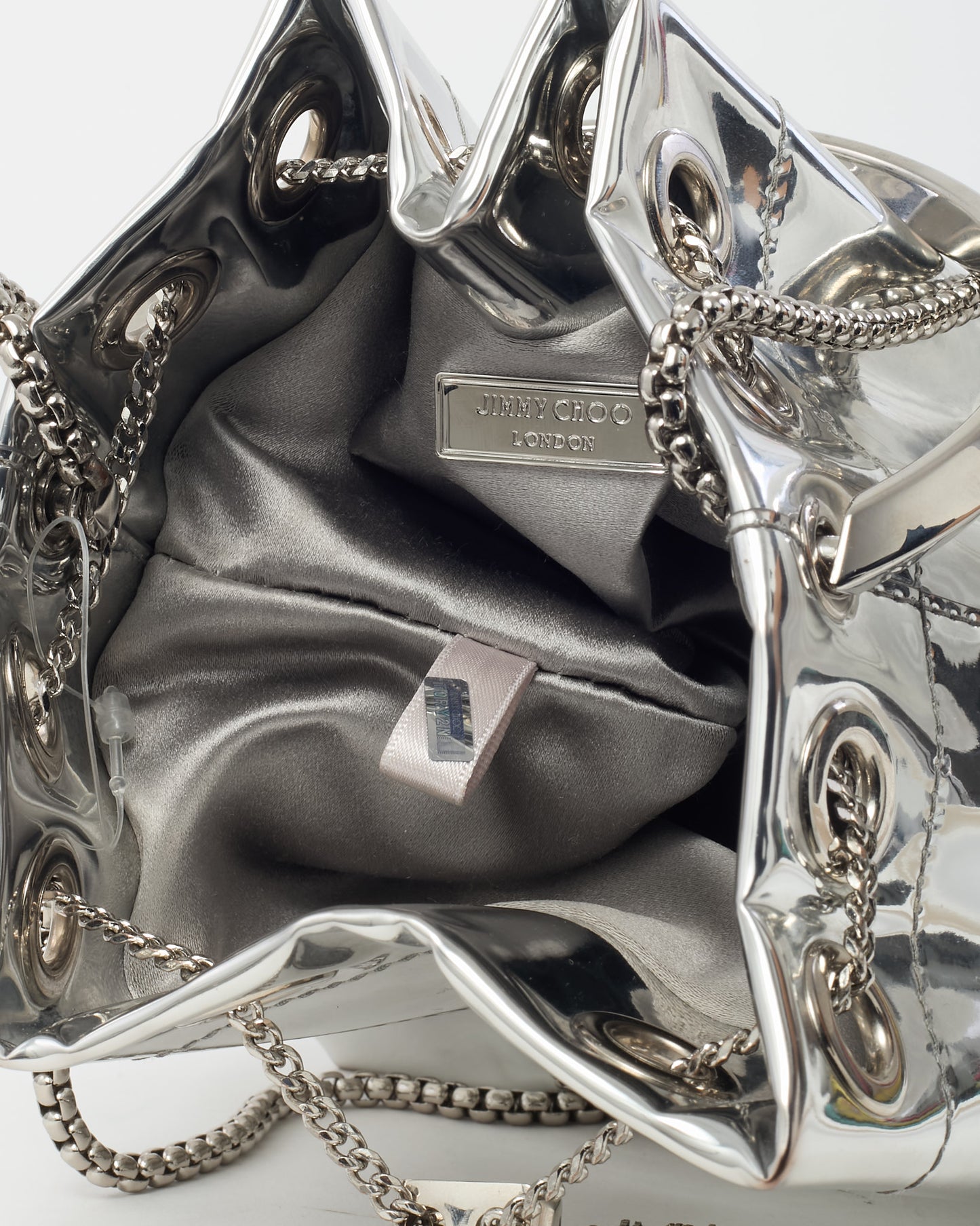 Jimmy Choo Metallic Silver Fabric Metal Handle Bon Bon Bucket Bag with Chain Strap