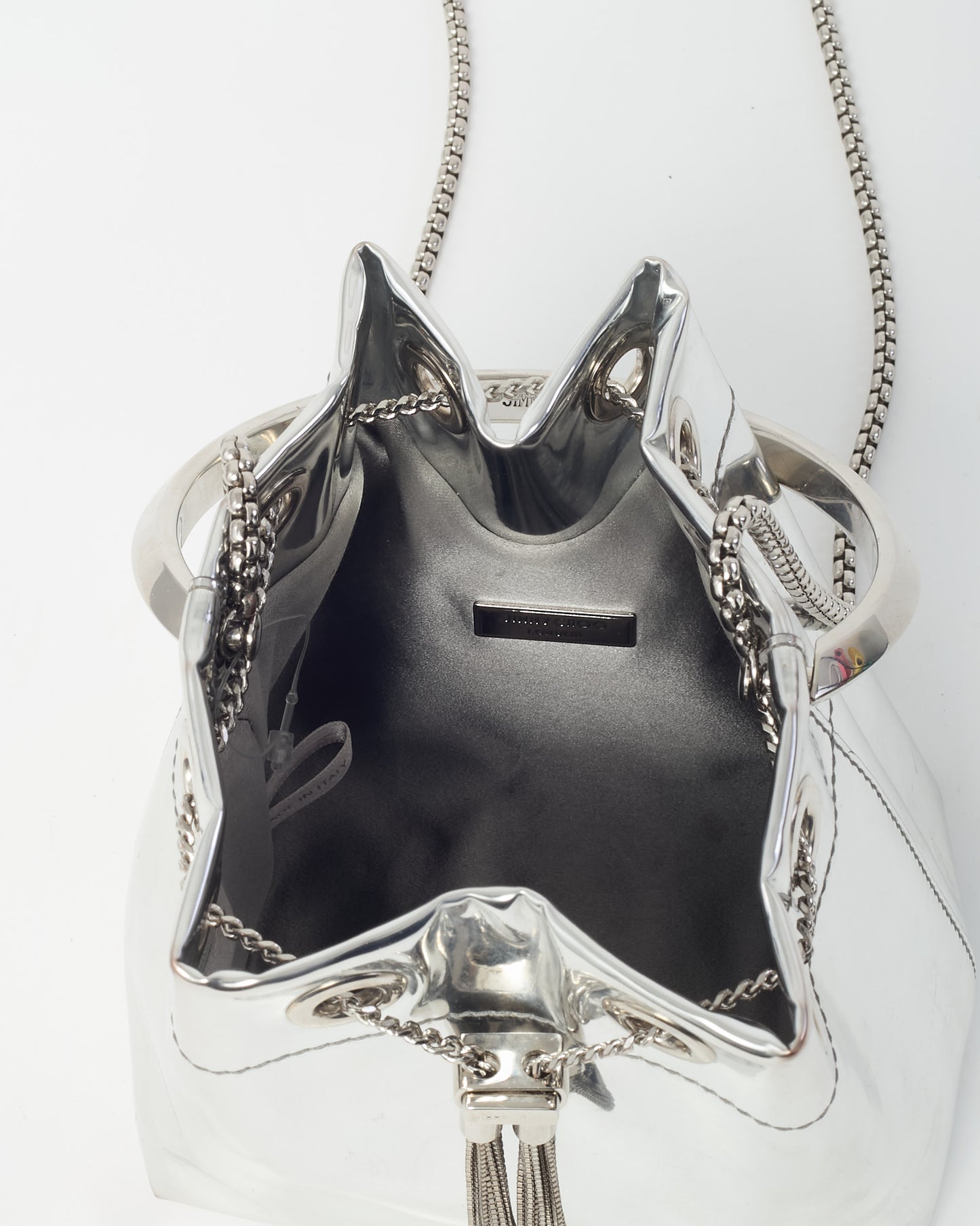 Jimmy Choo Metallic Silver Fabric Metal Handle Bon Bon Bucket Bag with Chain Strap